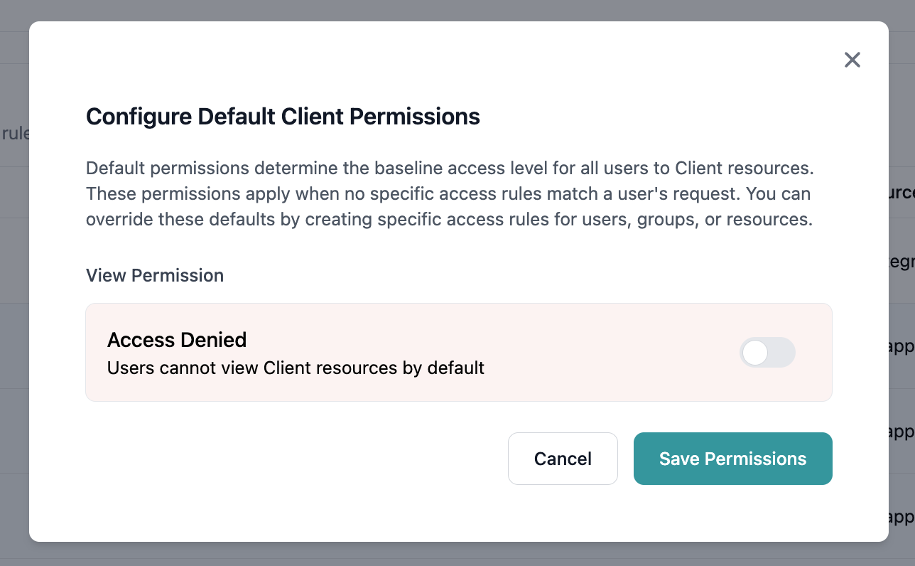 Default permissions modal