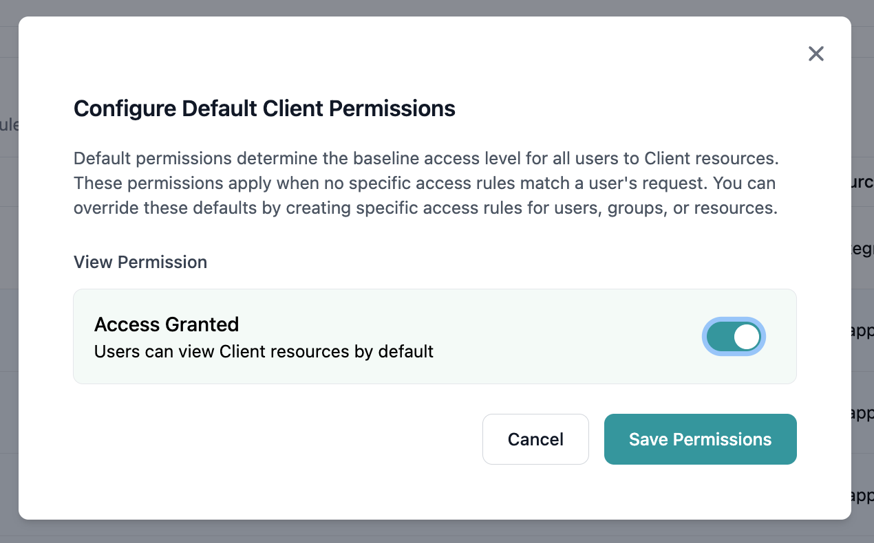 Default permissions modal change