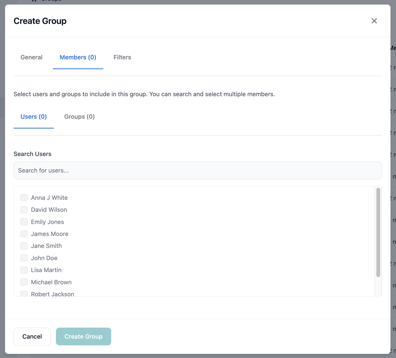 Users tab with search and selection