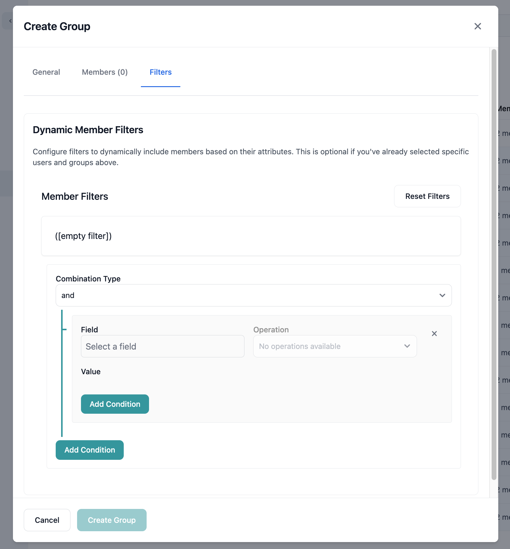 Membership Filters tab with filter builder