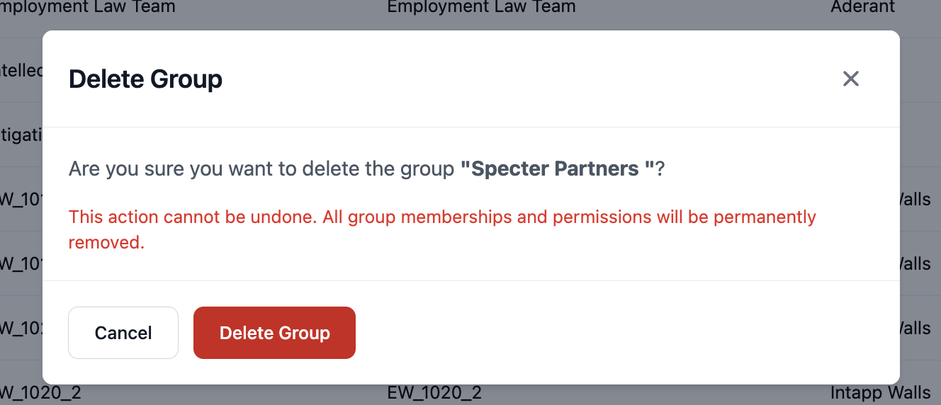 Delete group confirmation dialog