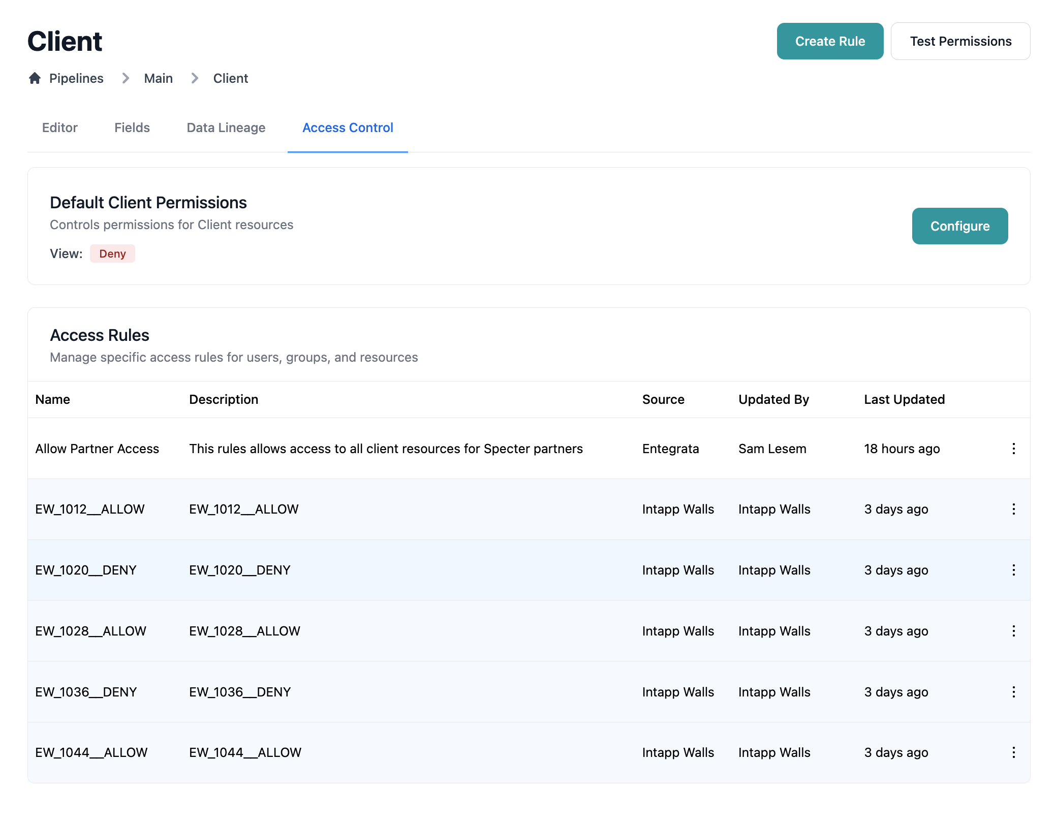 Access Rules table showing mix of system and ingested rules