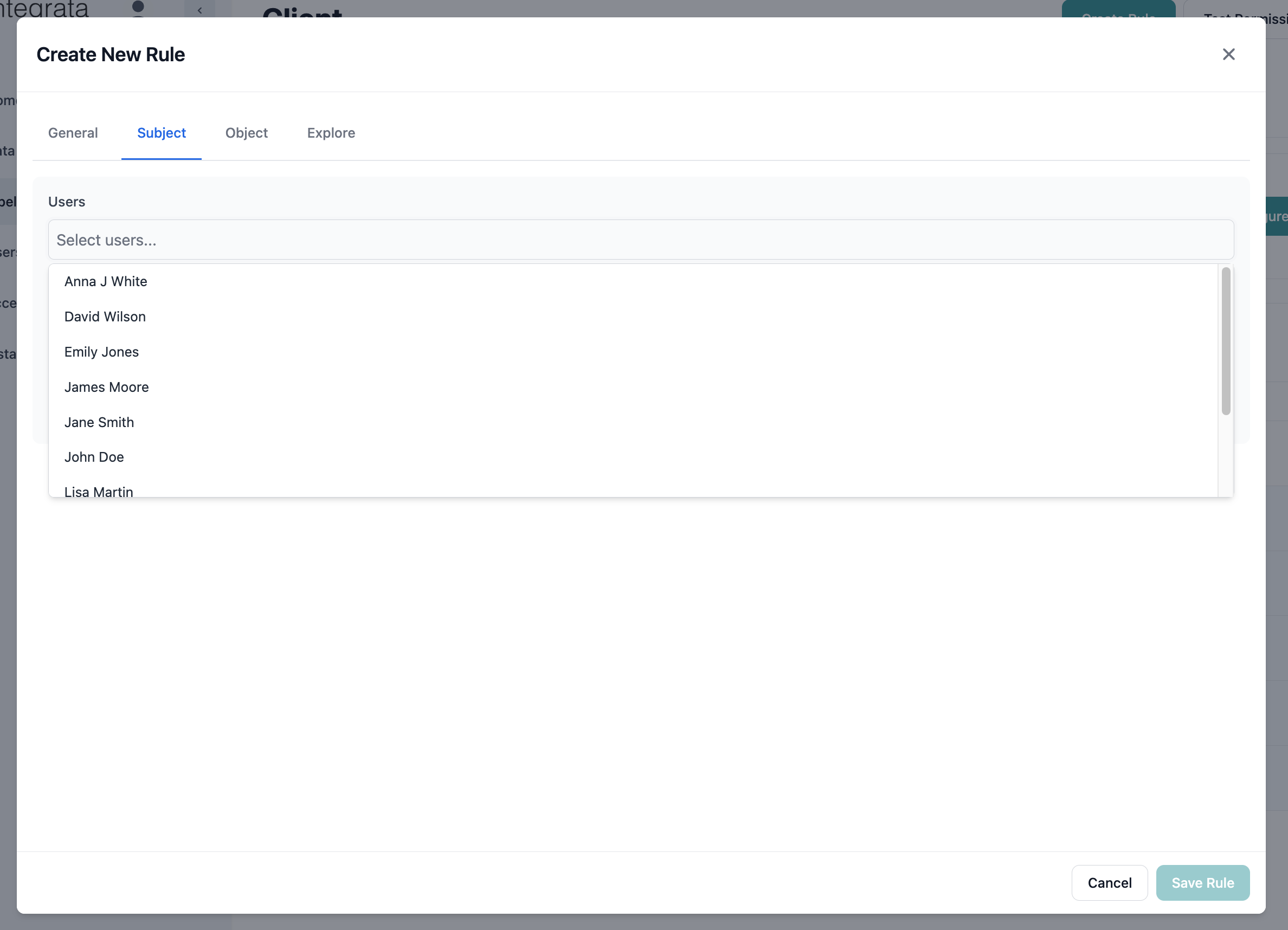 User selection dropdown with search