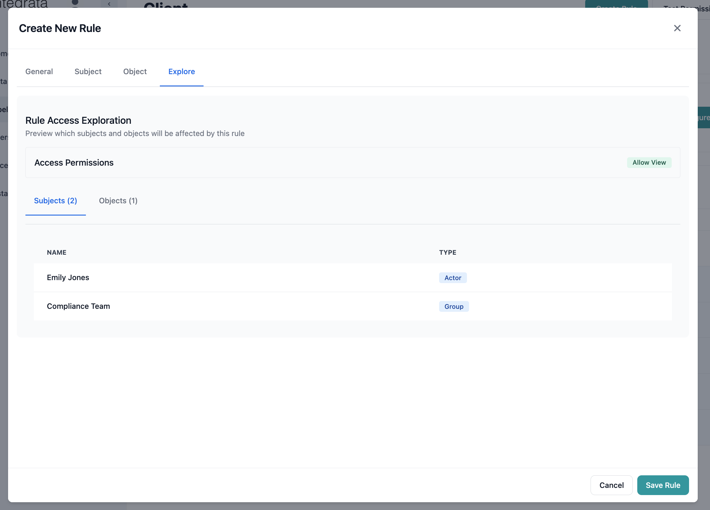 Rule Modal - Explore subjects tab
