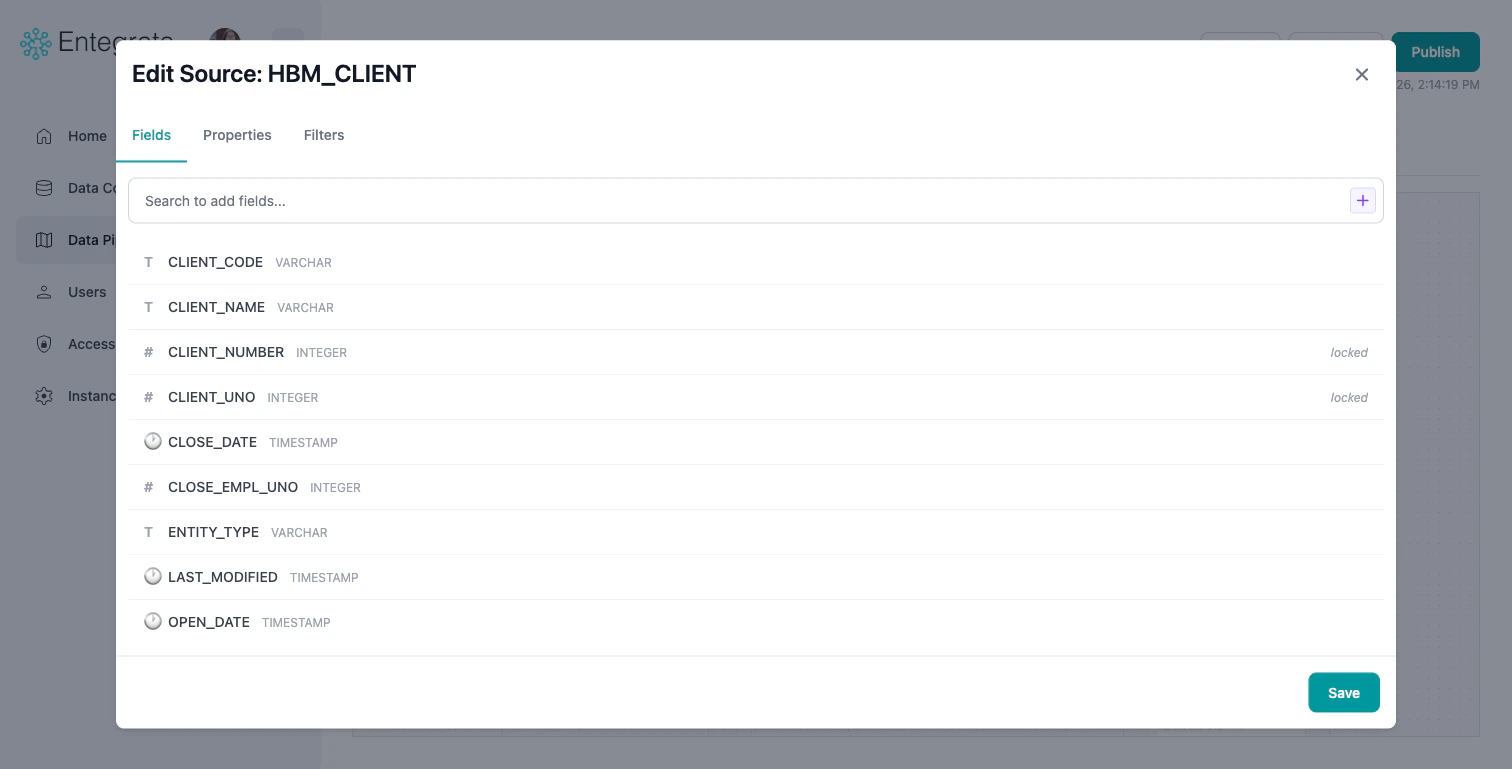 Managing source fields in the Edit Source modal