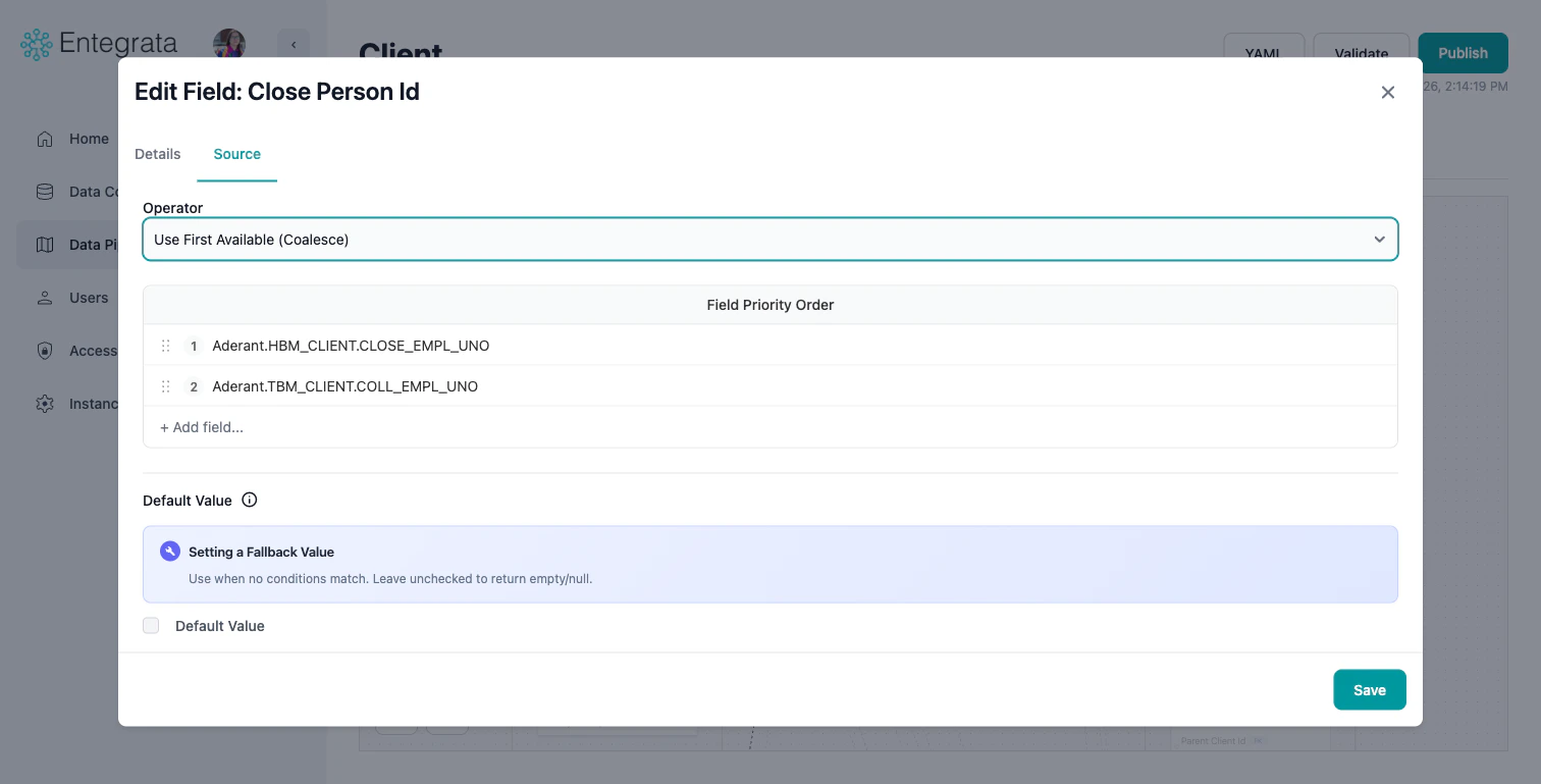 Operator dropdown in the Edit Field modal