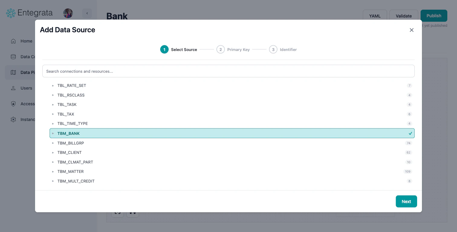 Add Source Wizard Step 1 - Select Source with resource highlighted