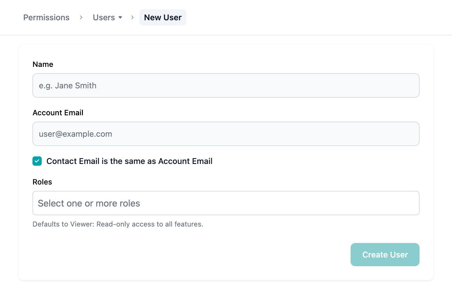 New User form with the Roles field