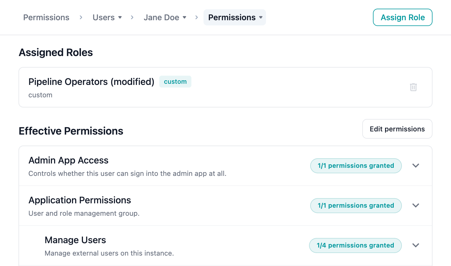 User Permissions tab showing assigned roles and effective permissions