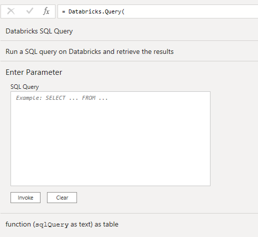 Databricks SQL Query function with SQL Query box and Invoke button