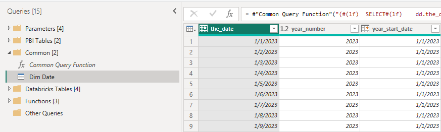 Query results from the Common Query Function, with the query list on the left