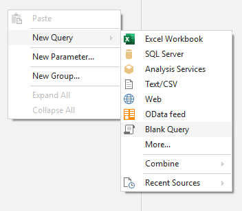 New Query menu with Blank Query selected
