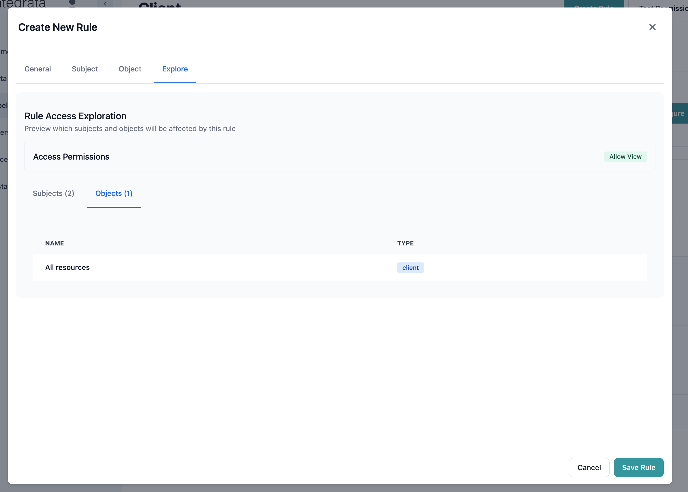 Rule Modal - Explore objects tab