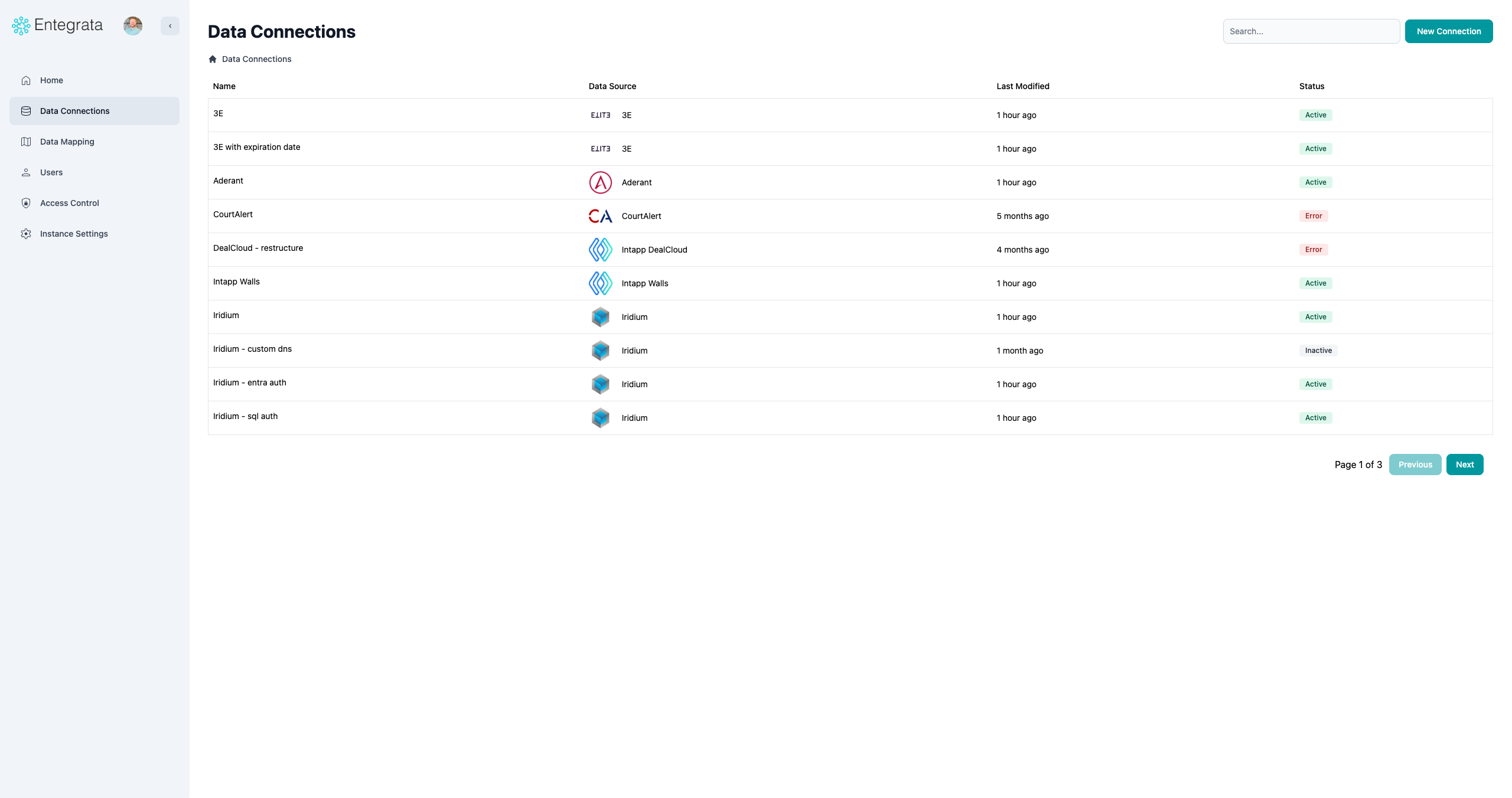 Connections list showing configured data sources