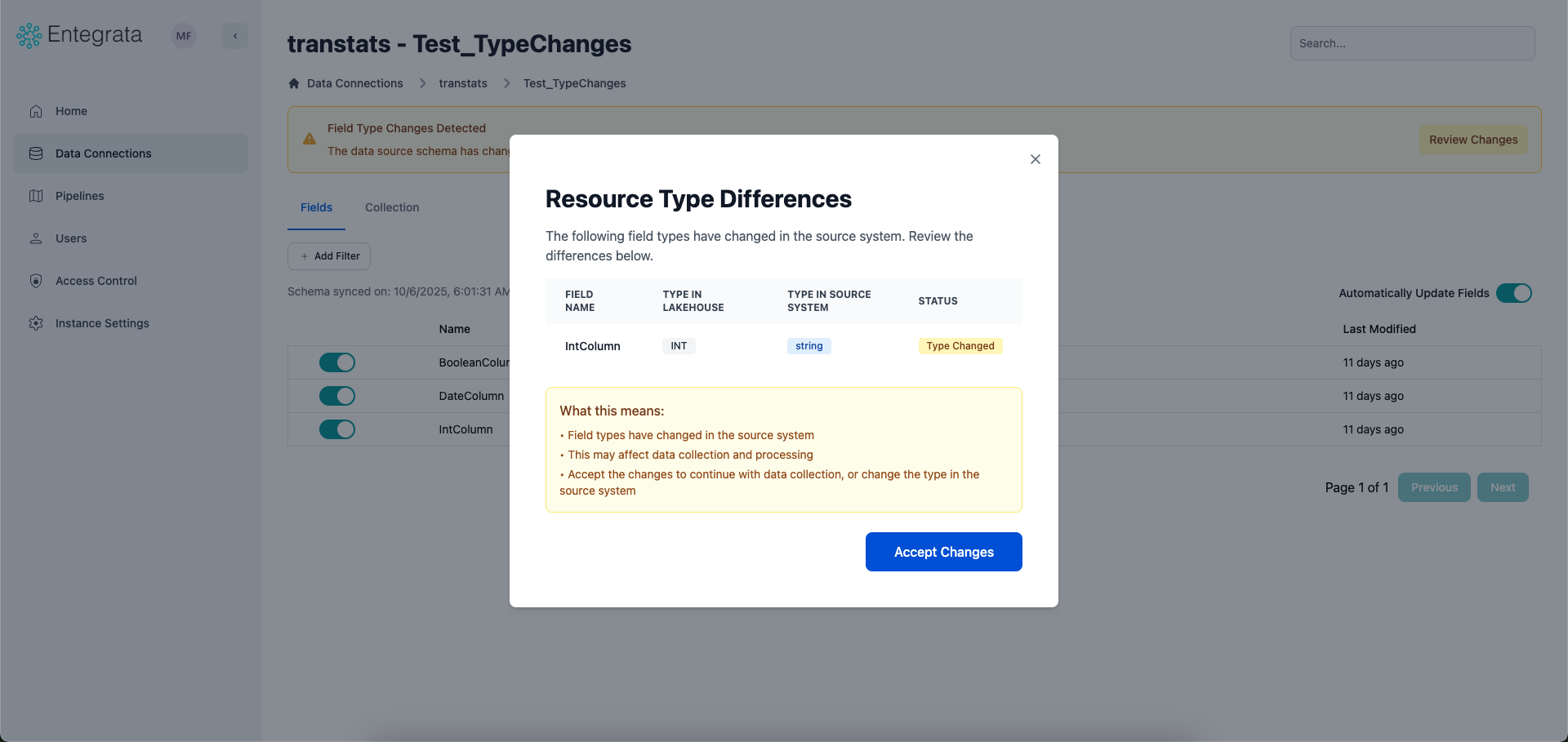 Schema change details modal