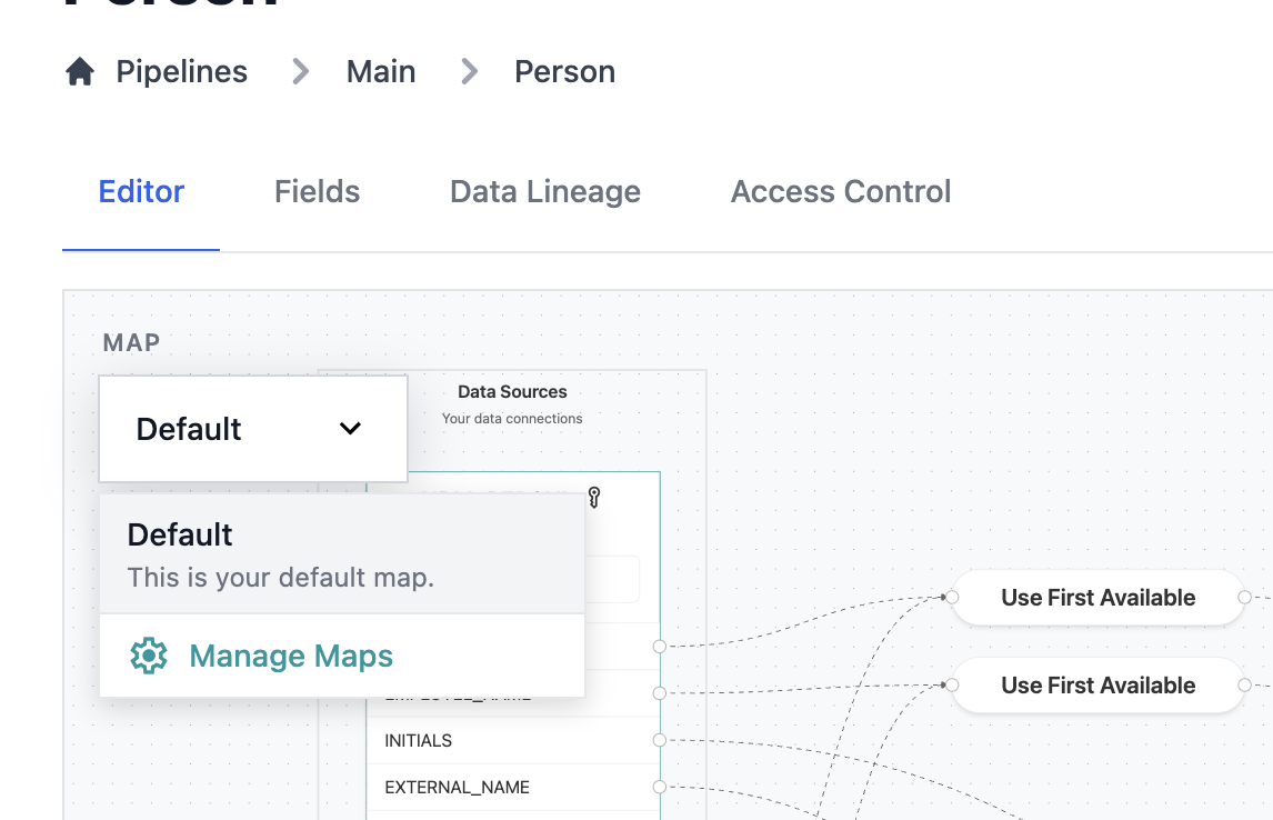 Data map selection dropdown