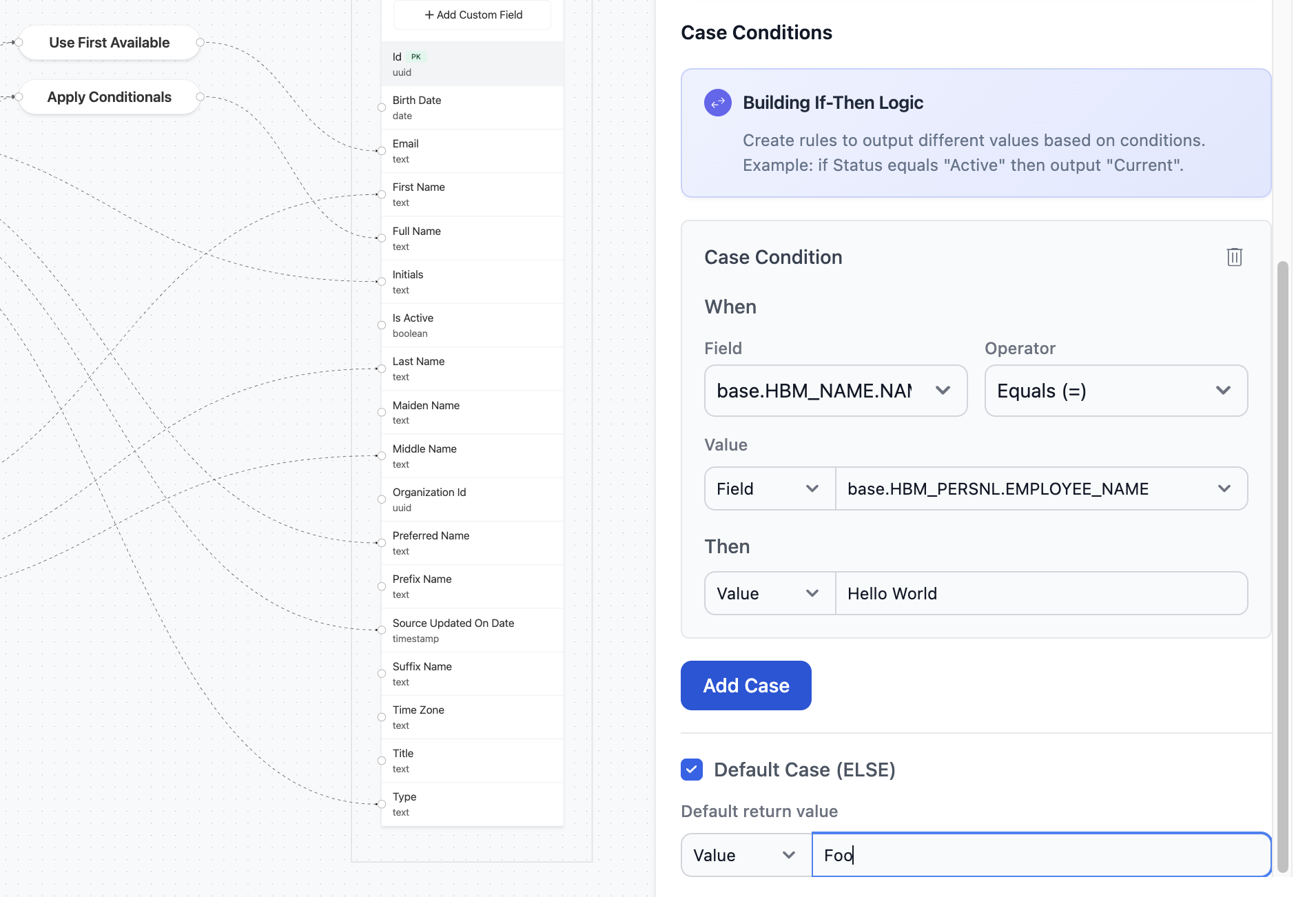 First CASE condition configuration