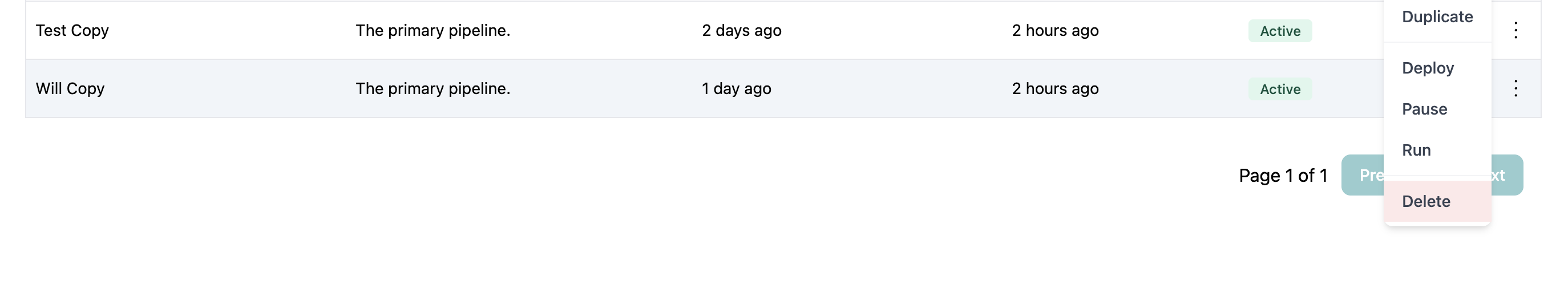 Delete option in actions menu