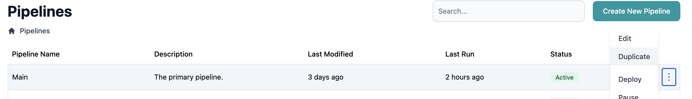 Pipeline list with source pipeline highlighted