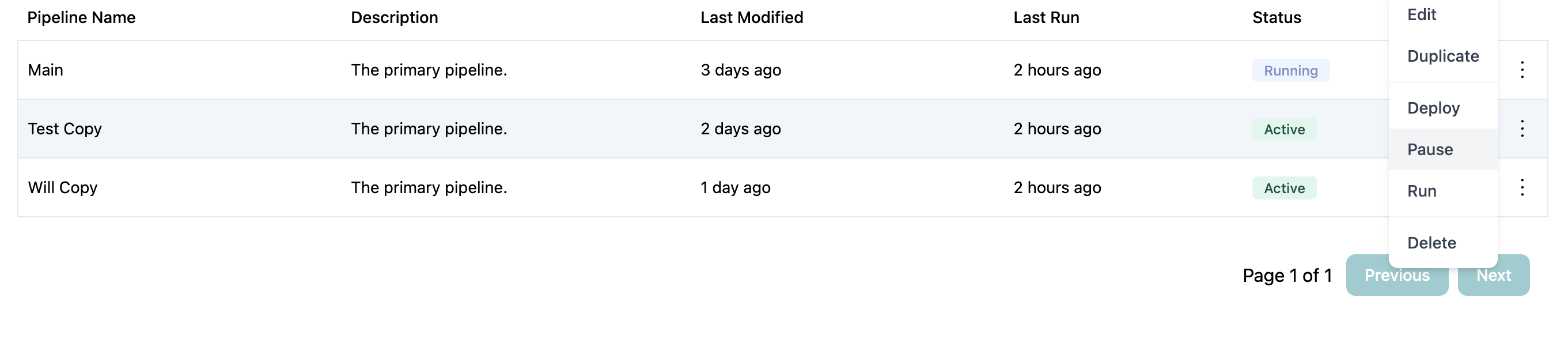 Pause option in actions menu