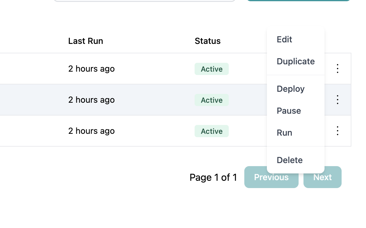 Pipeline actions menu