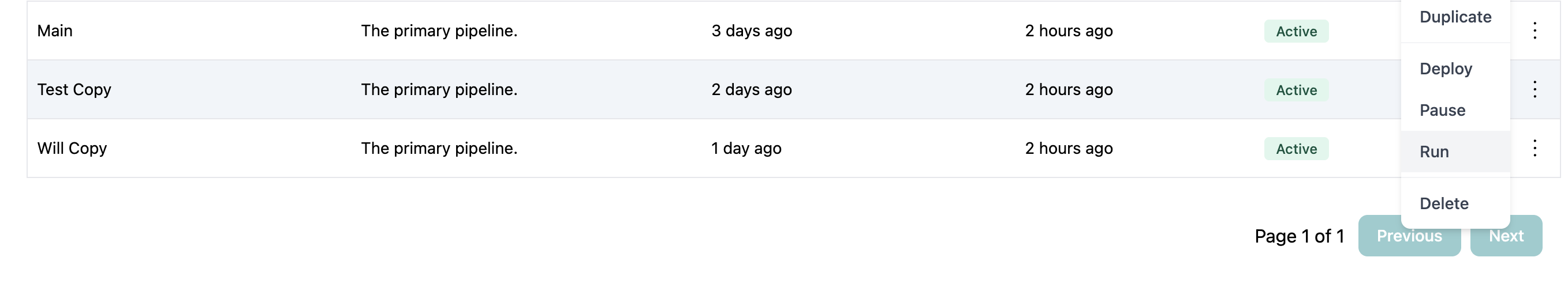 Run options in actions menu