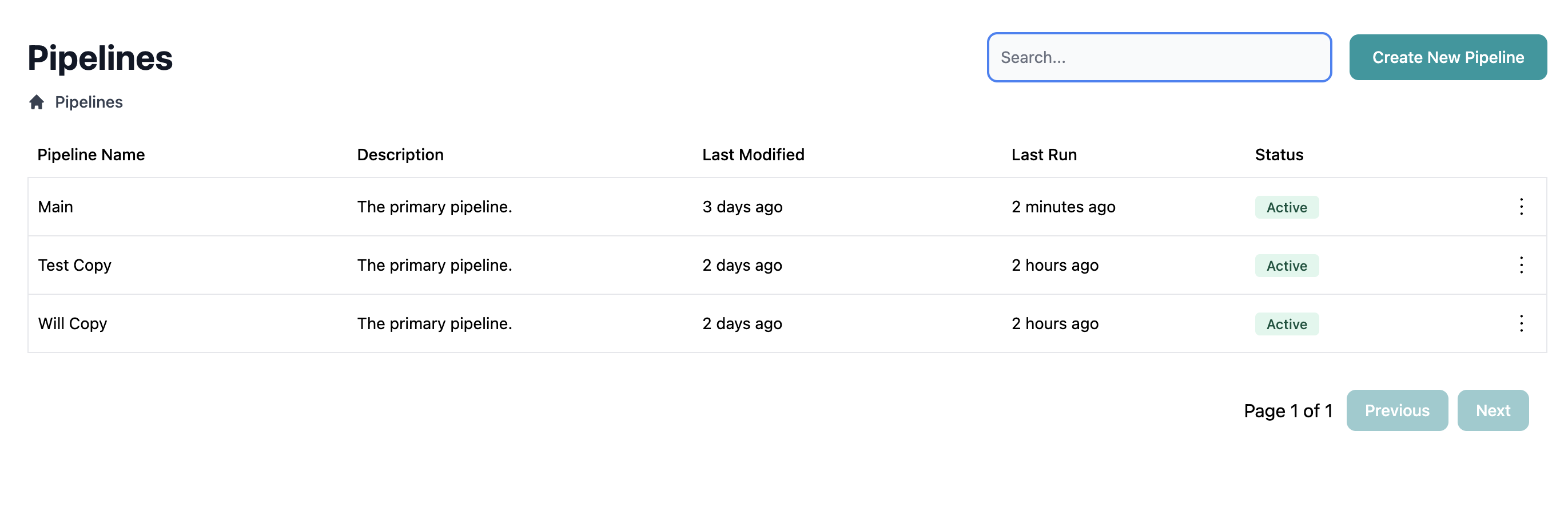 Pipeline list with search bar highlighted