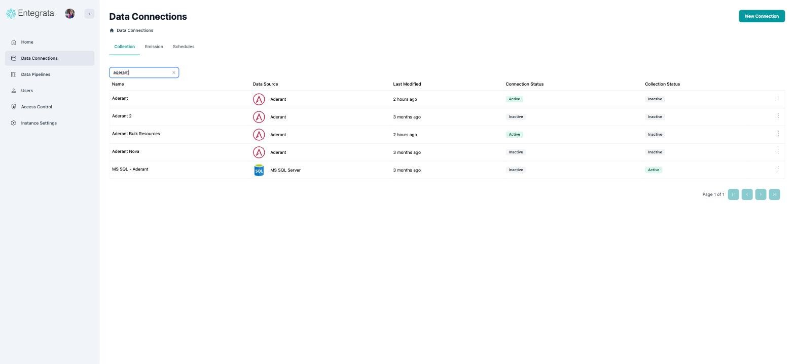 Connections list filtered to five Aderant results