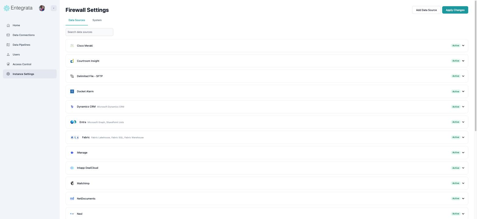 Firewall settings with a title, tab strip, and two header buttons