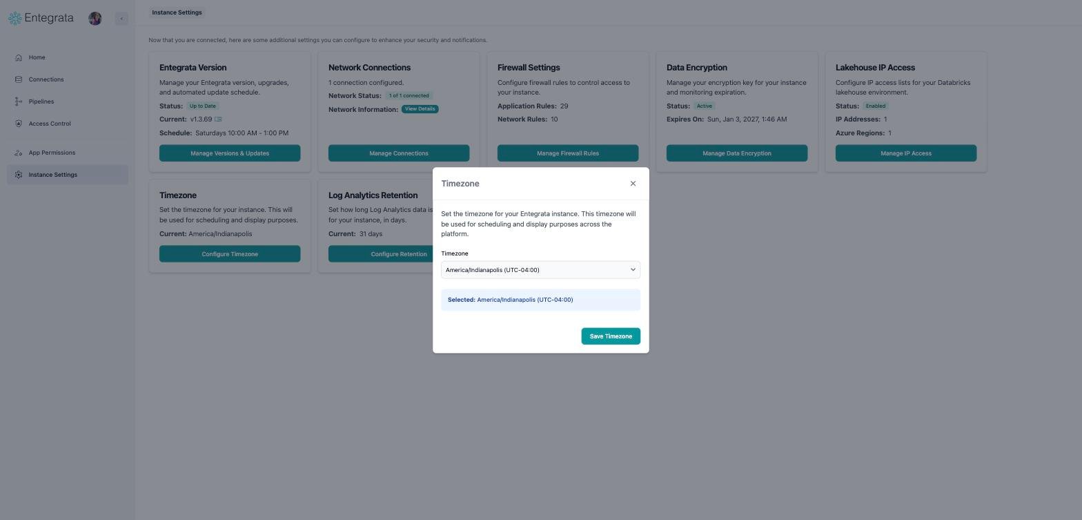 Timezone dialog open over the instance settings grid