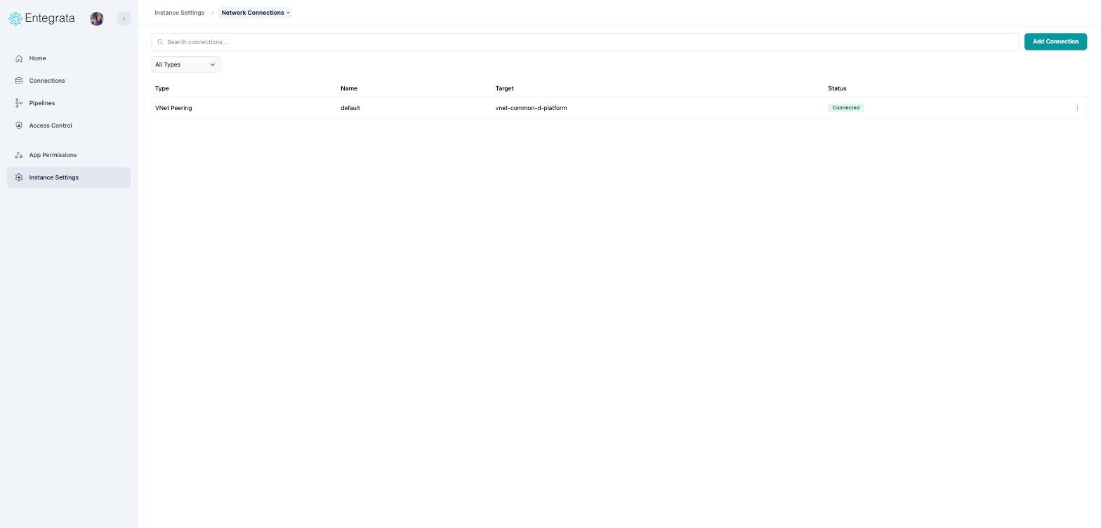 Network connections list showing a VNet peering connection