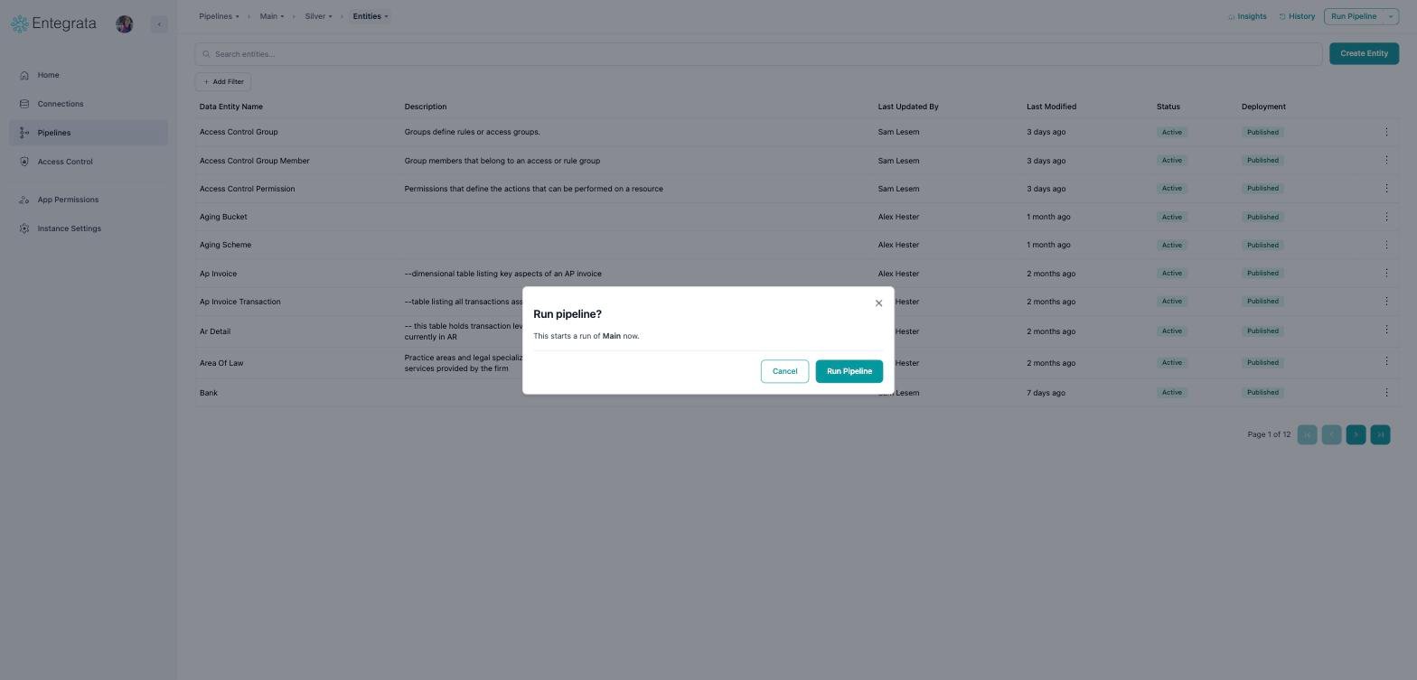 Run pipeline dialog naming the Main pipeline with Cancel and Run Pipeline