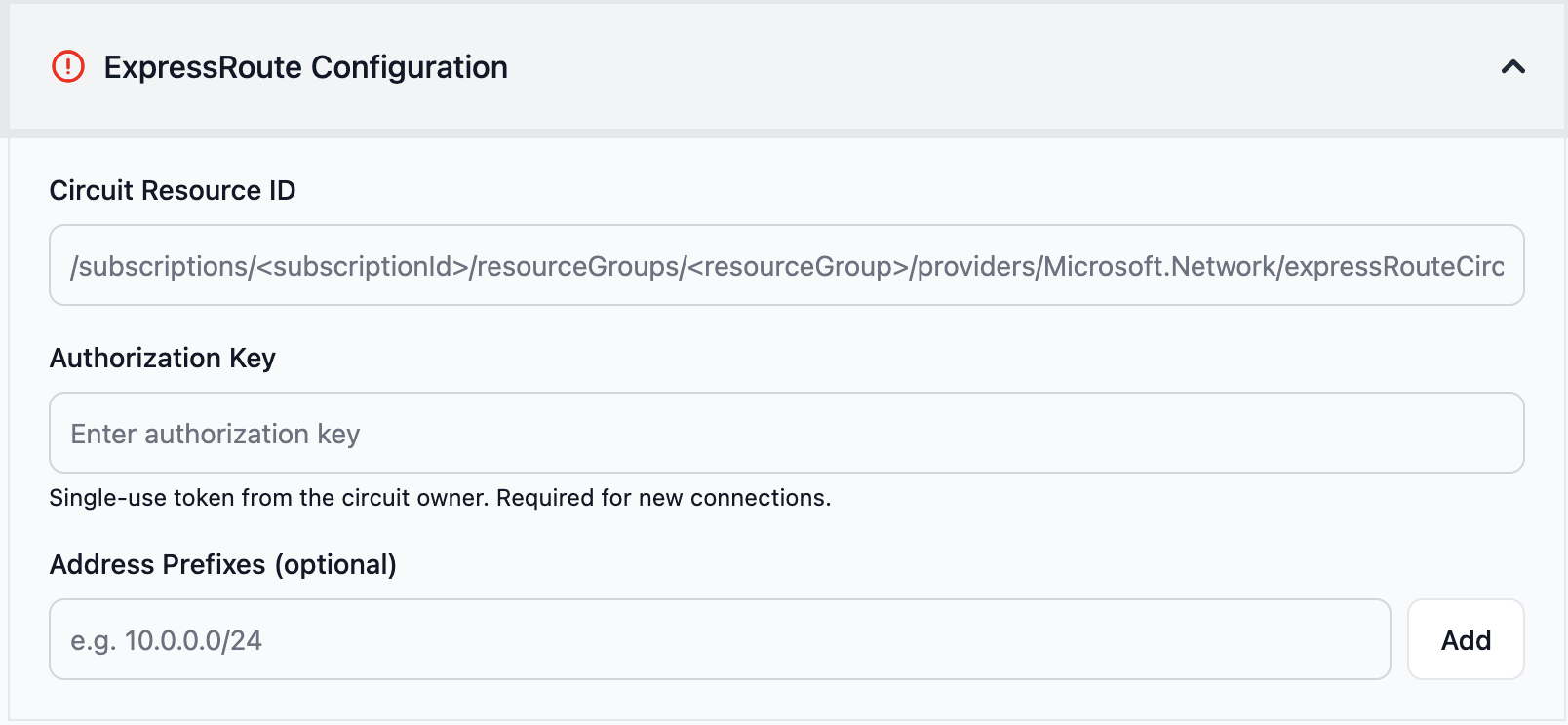ExpressRoute configuration fields