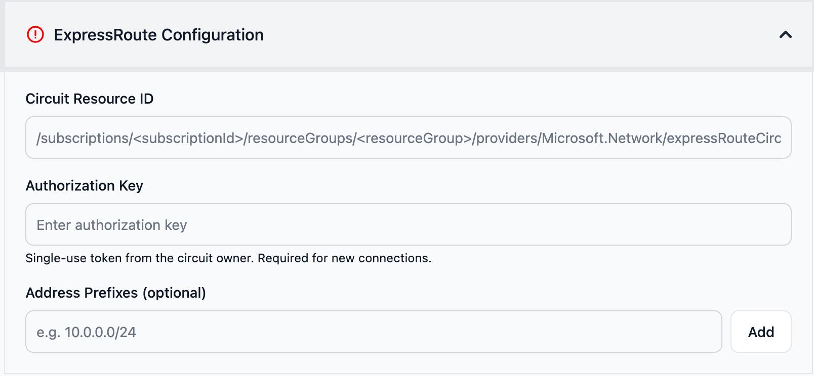 ExpressRoute configuration fields