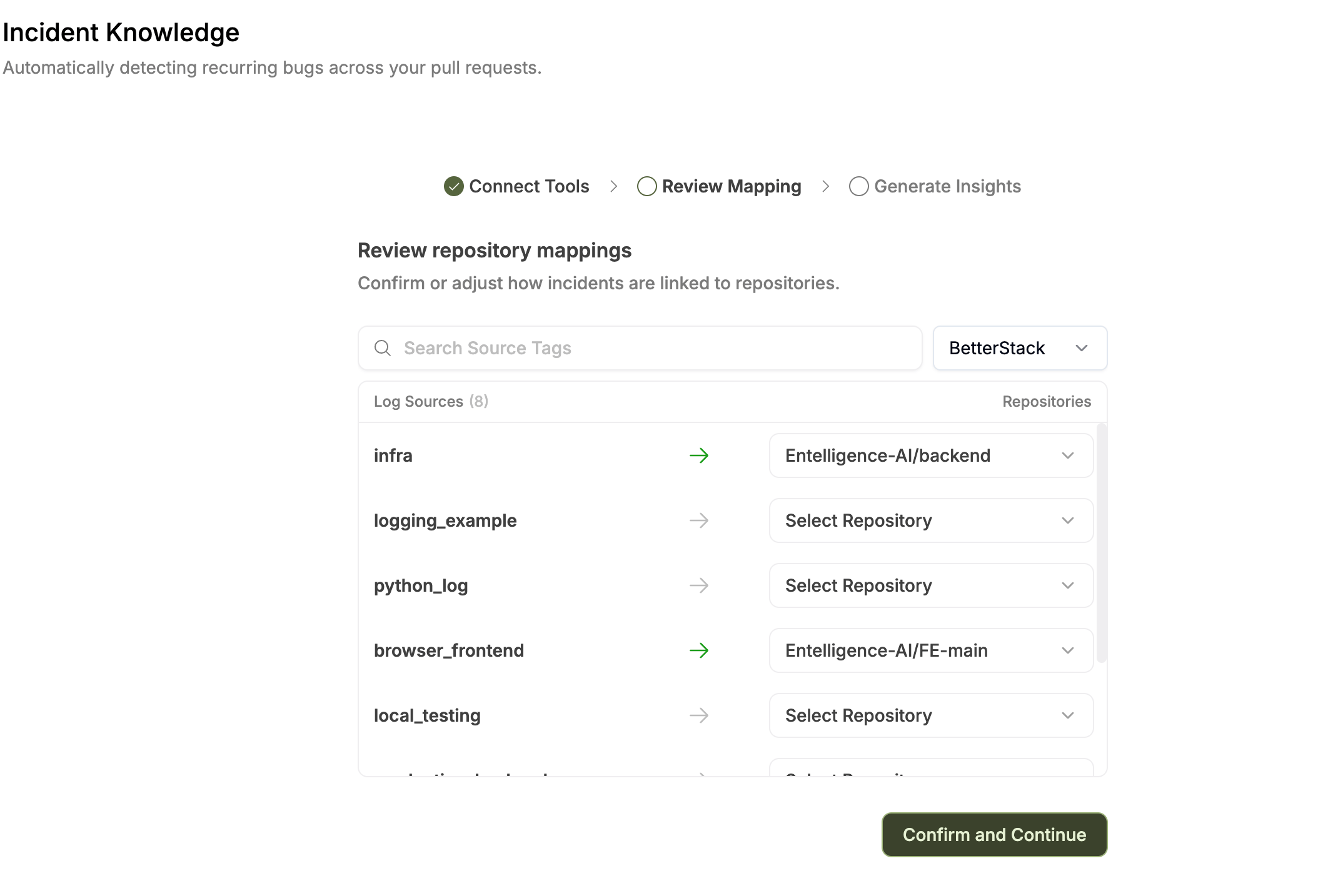 Mapping a BetterStack source to an Entelligence repository