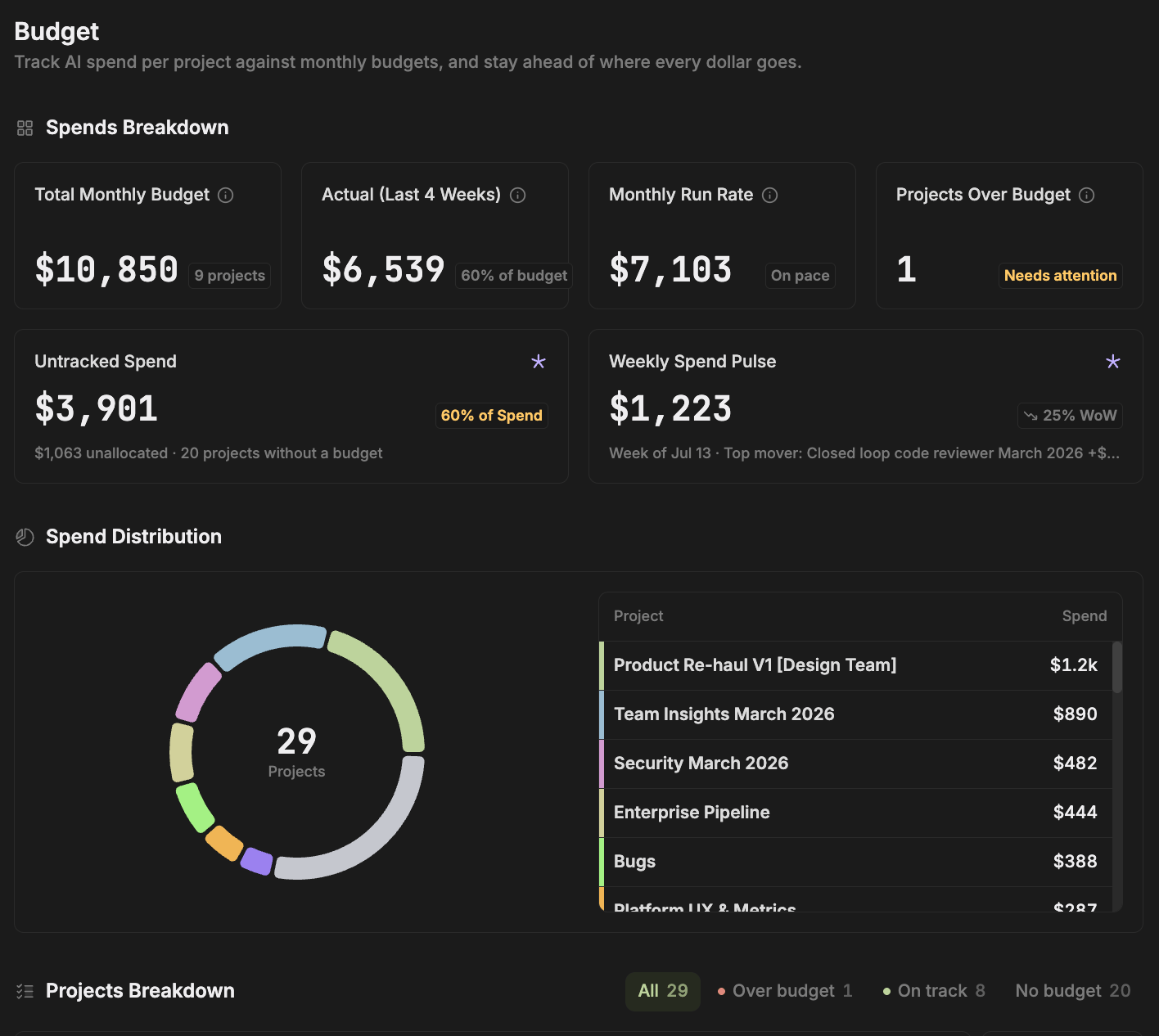 Budget dashboard overview with spend breakdown, weekly pulse, and spend distribution