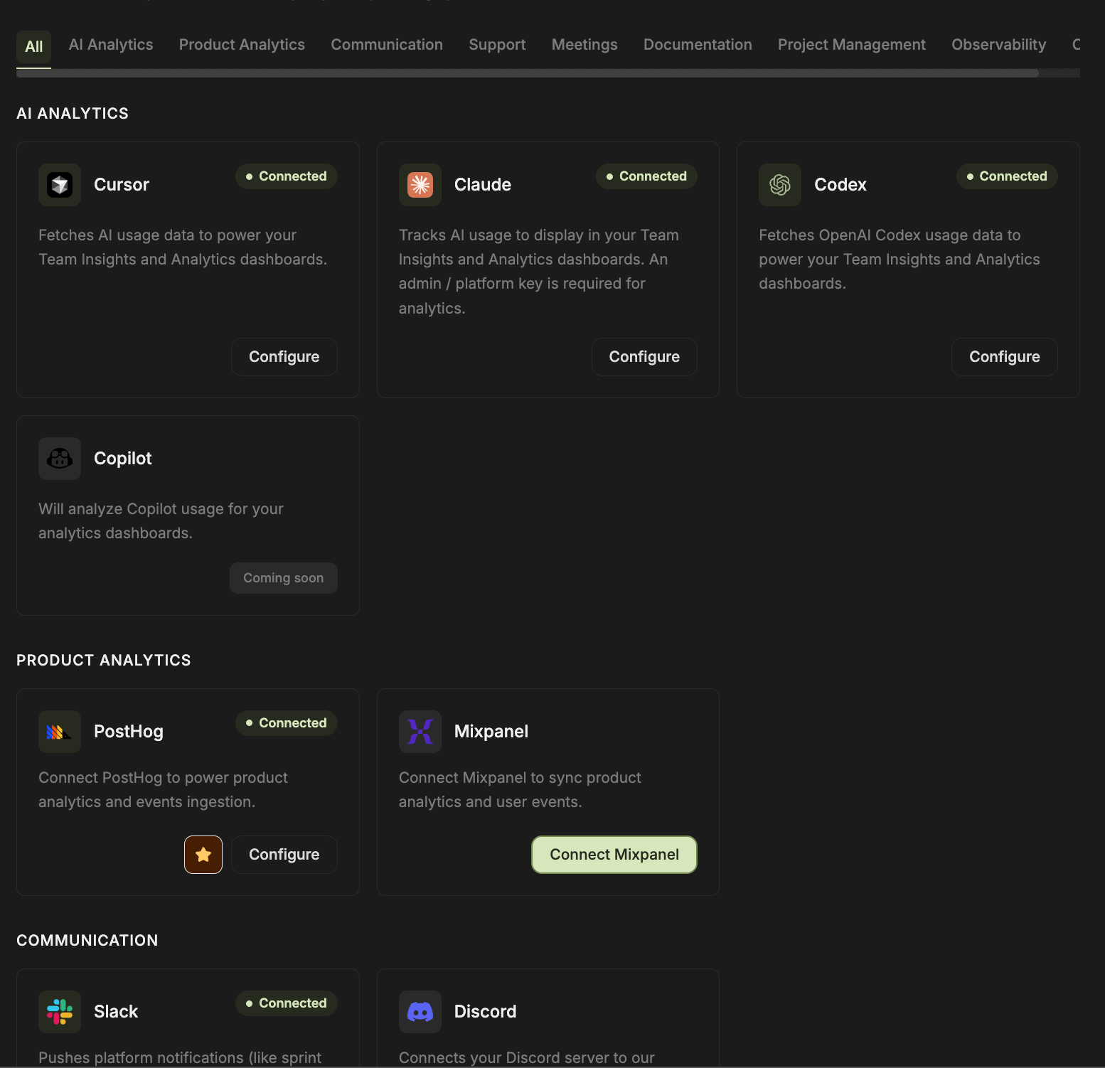 Entelligence connector catalog showing AI analytics, product analytics, and communication integrations