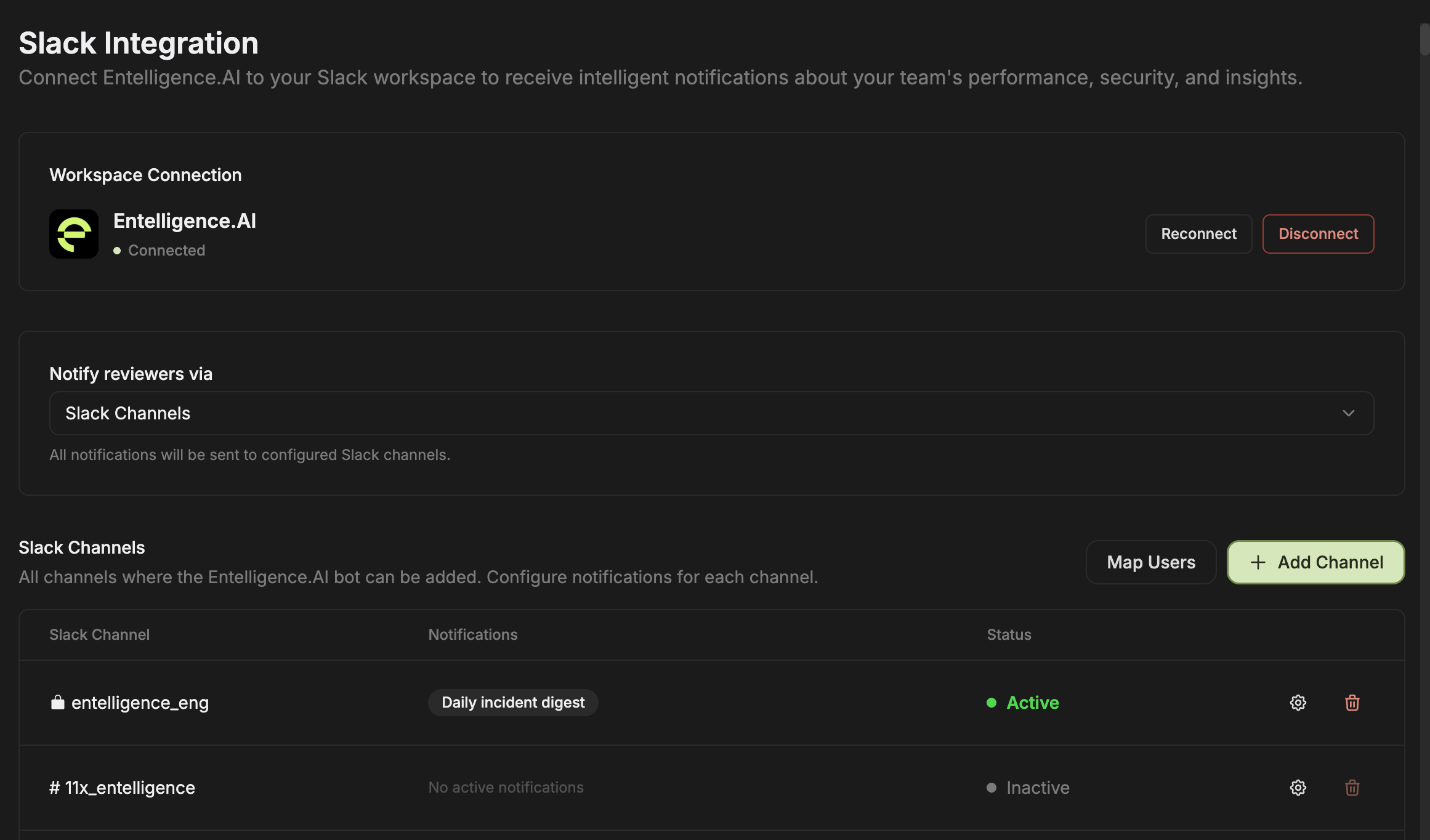 Slack integration showing workspace connection, channel delivery, user mapping, and notification status