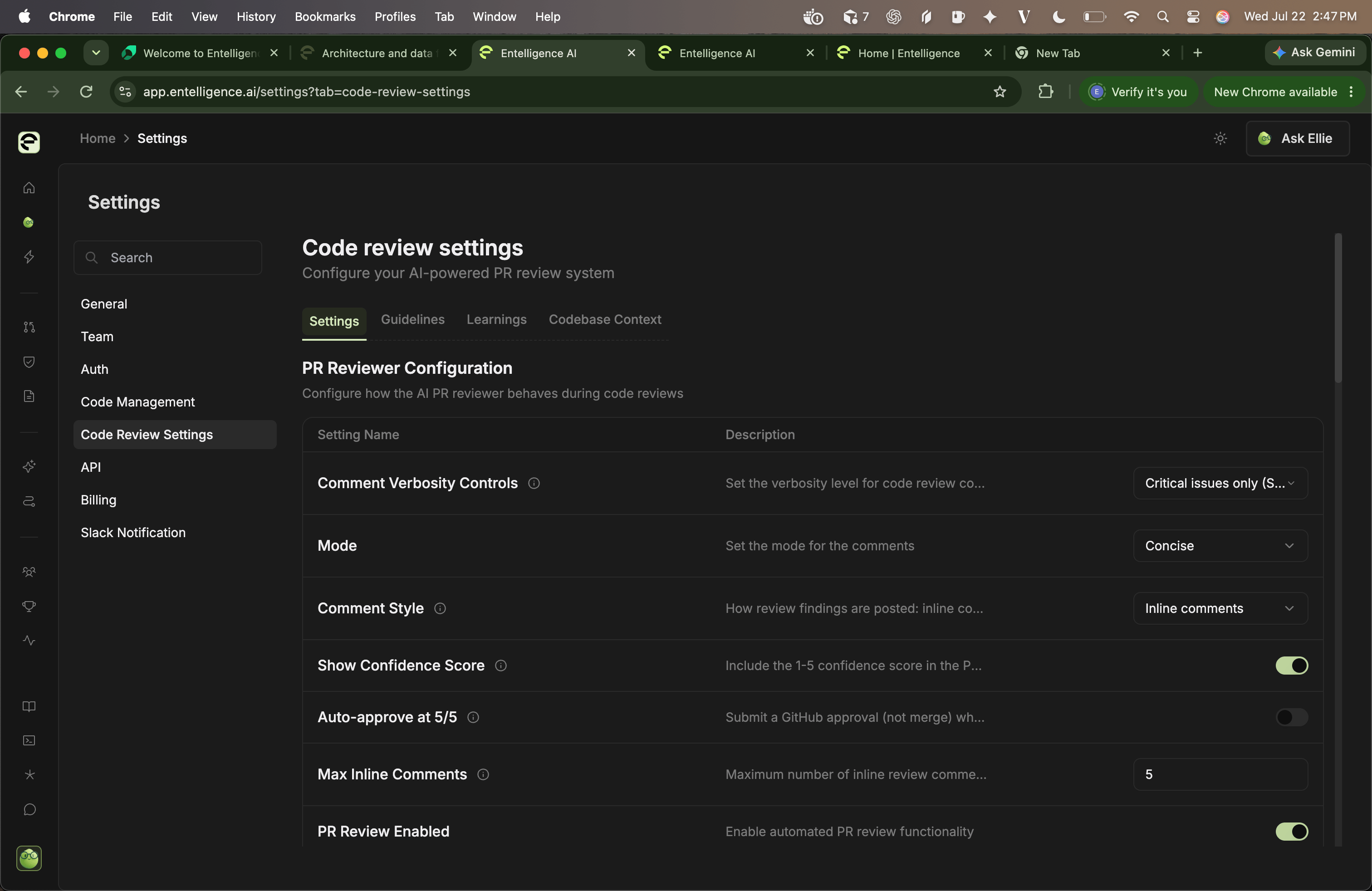Entelligence Code Review Settings showing review configuration, guidelines, learnings, and codebase context tabs