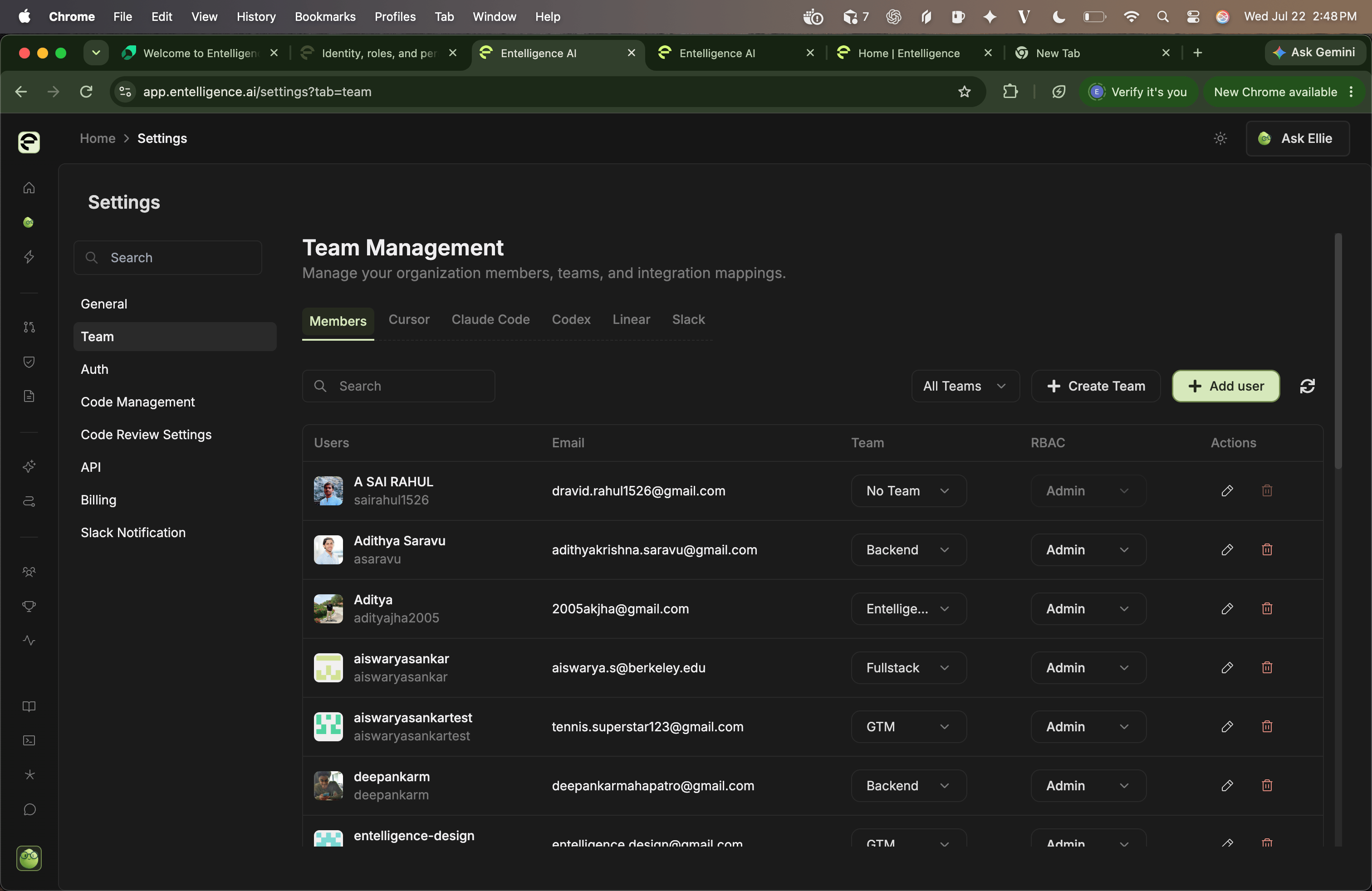 Entelligence Team Management showing members, team assignments, and role controls