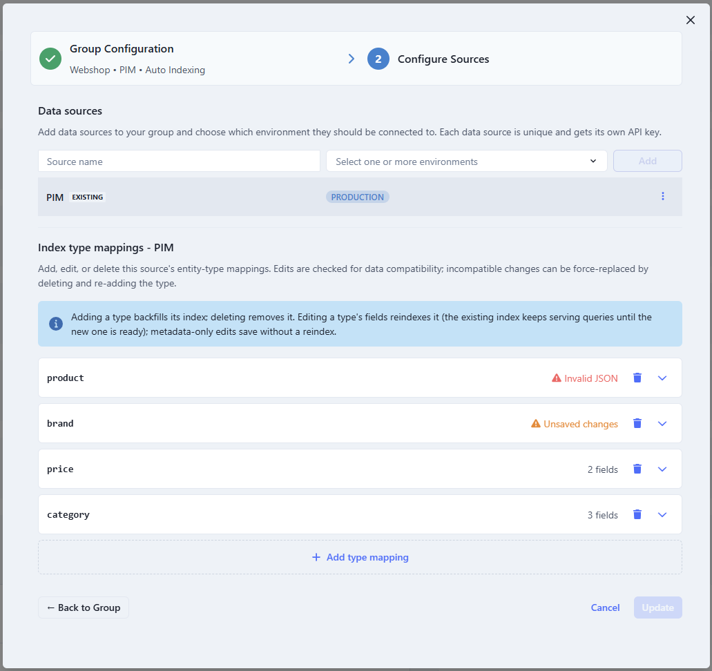 Type mappings on a source group