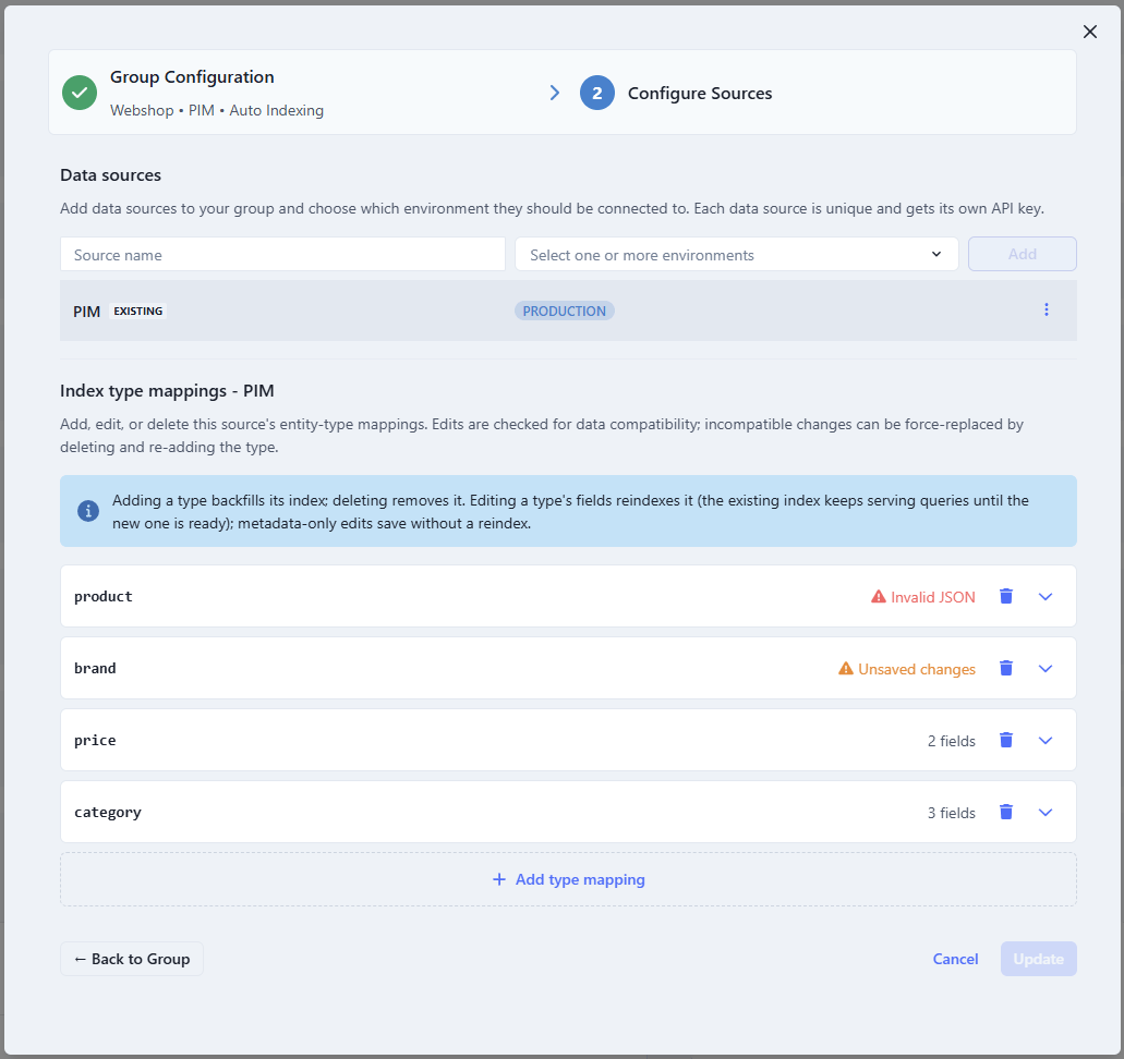 Type mappings on a source group