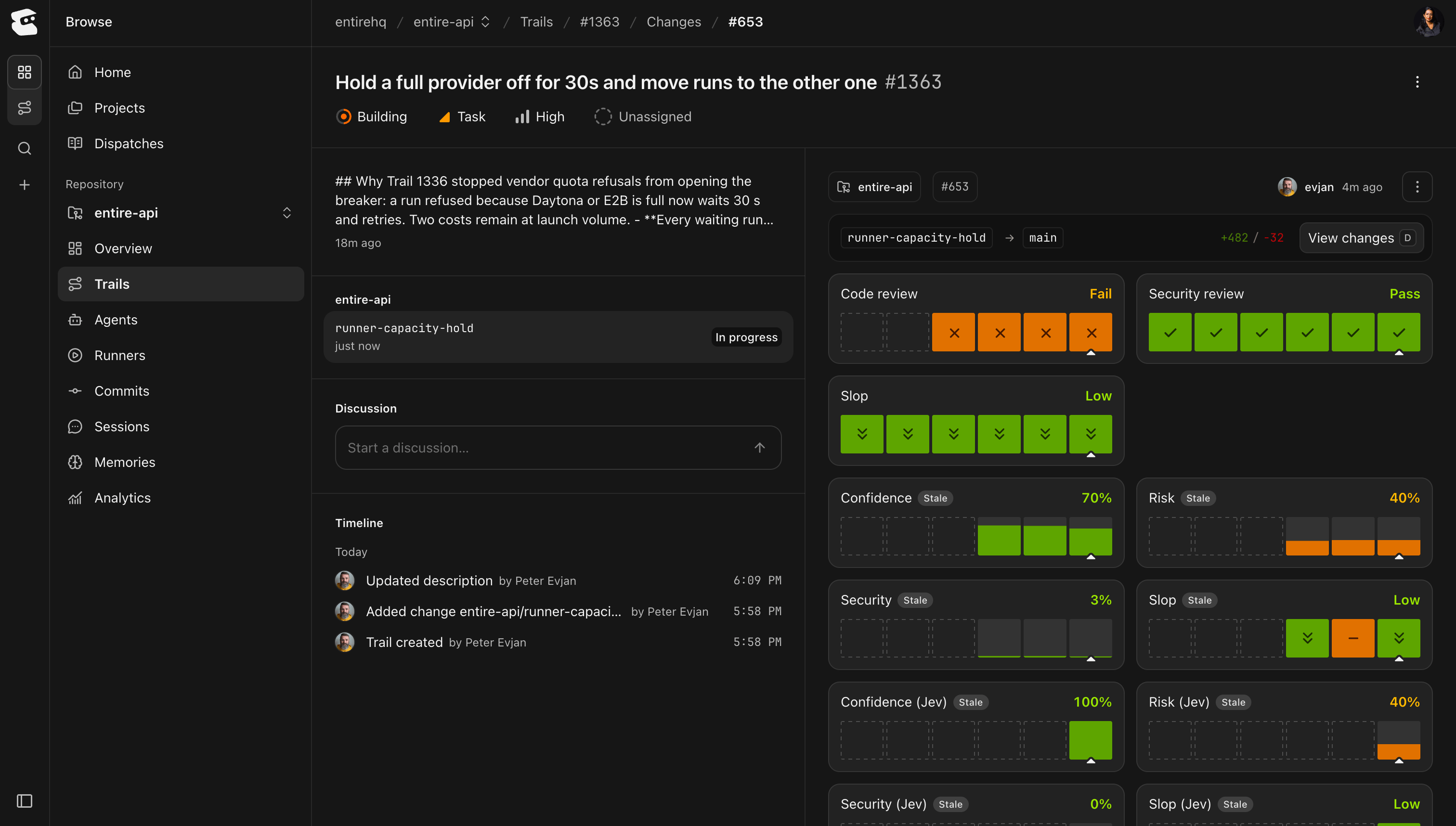 Trail change showing code review, security review, Slop, and monitor results