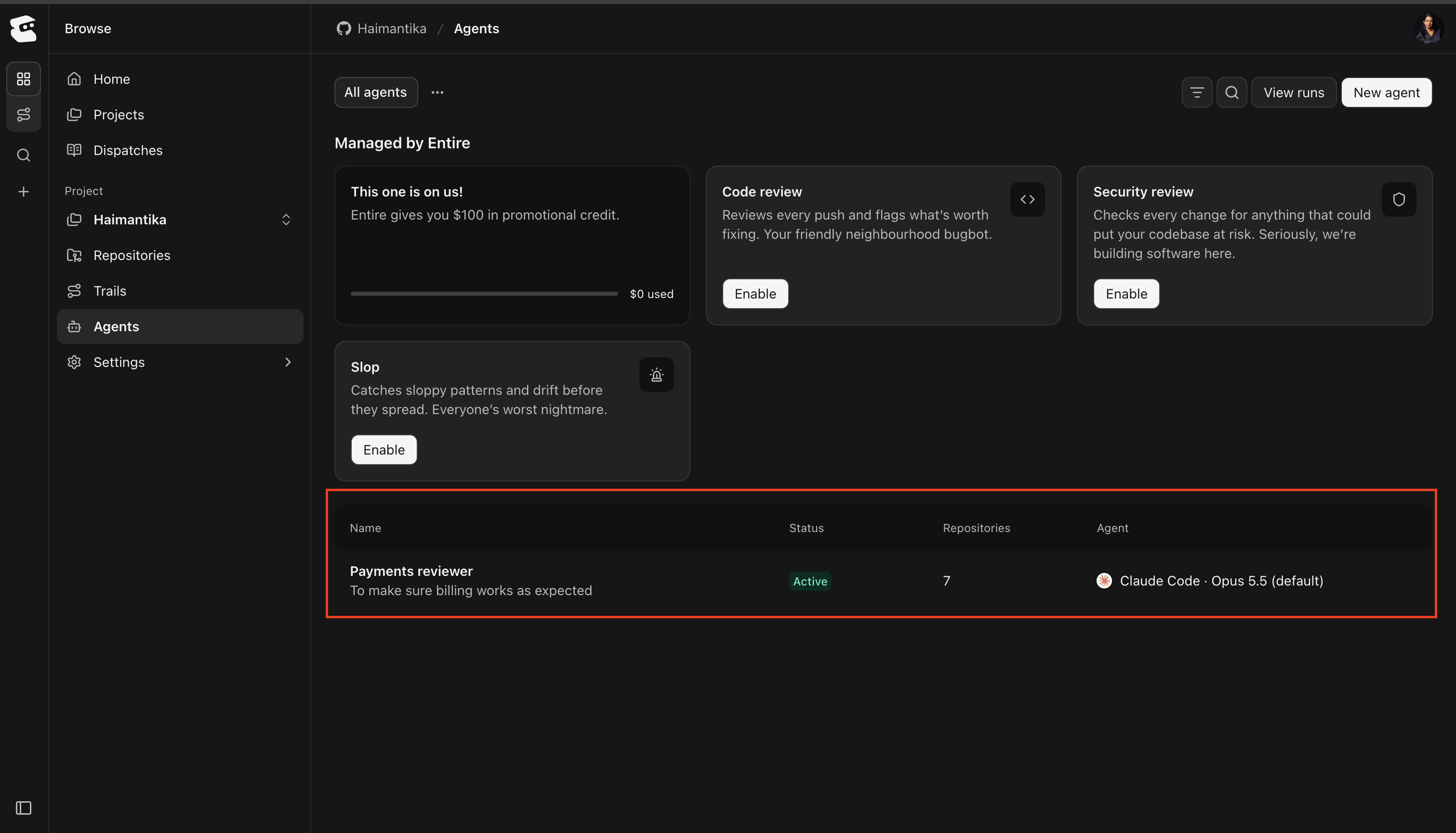 Agents page listing an active Payments reviewer with its repositories and selected model