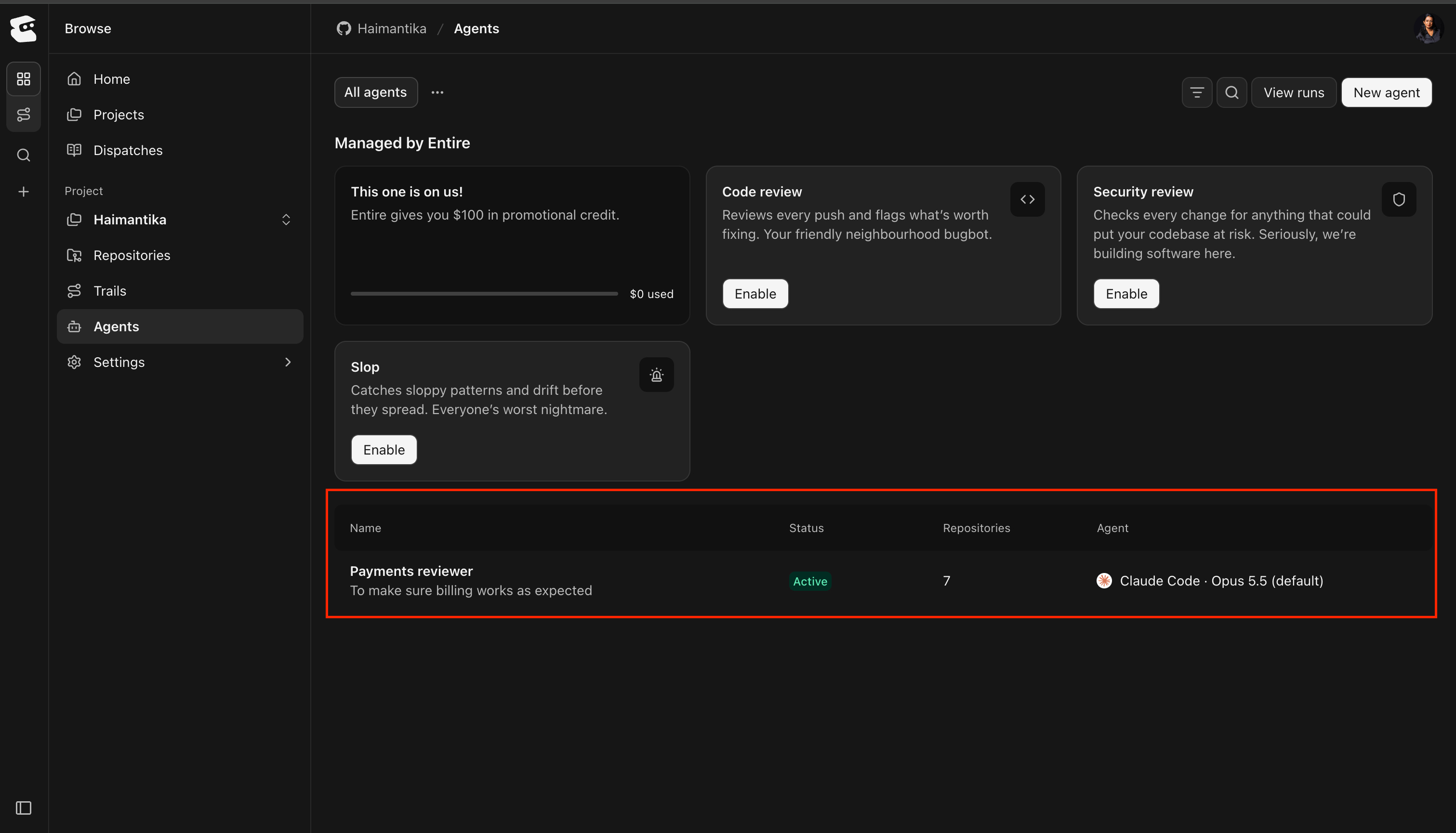 Agents page listing an active Payments reviewer with its repositories and selected model