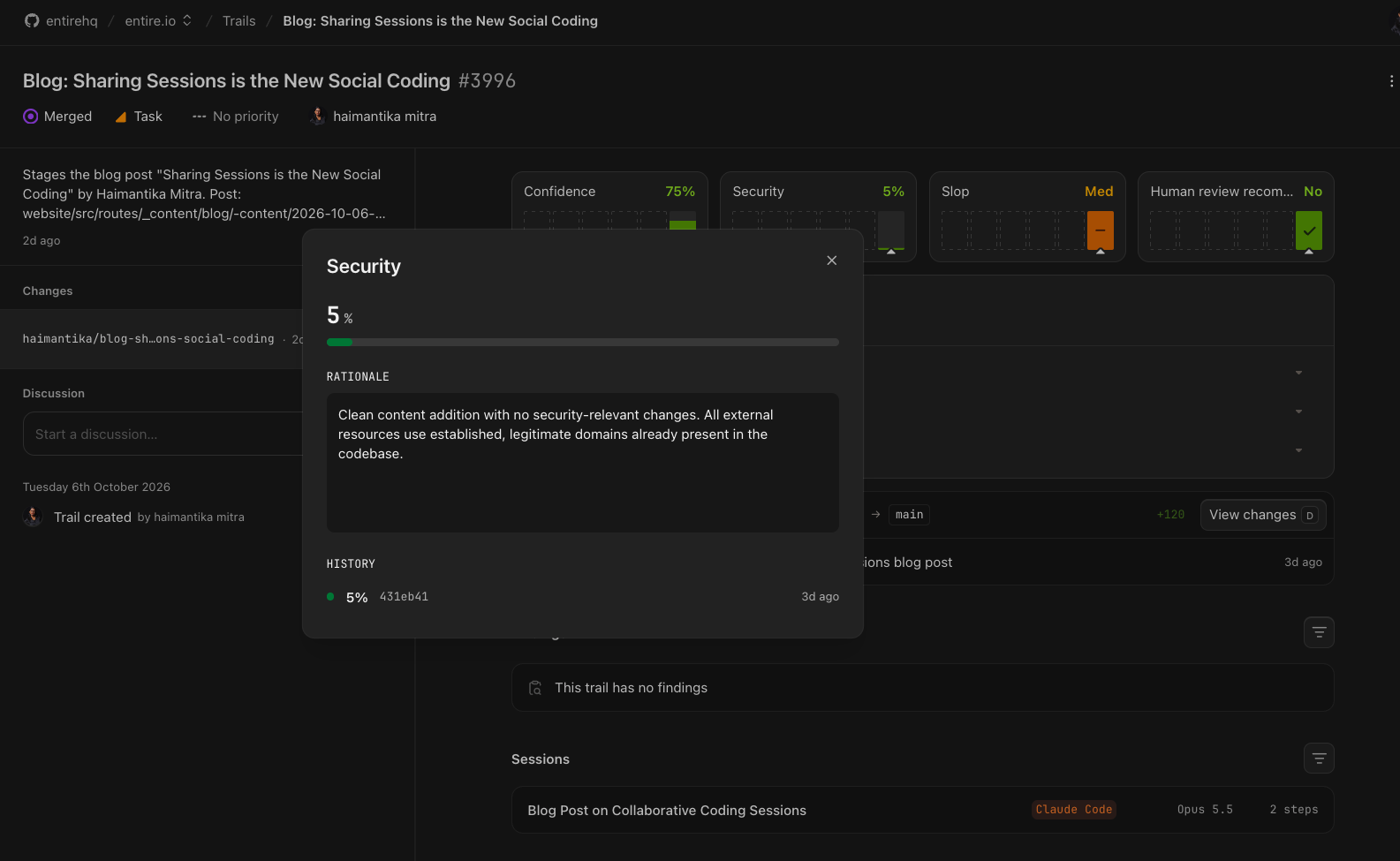 Security score dialog showing a score of 5 percent, supporting rationale, and evaluation history