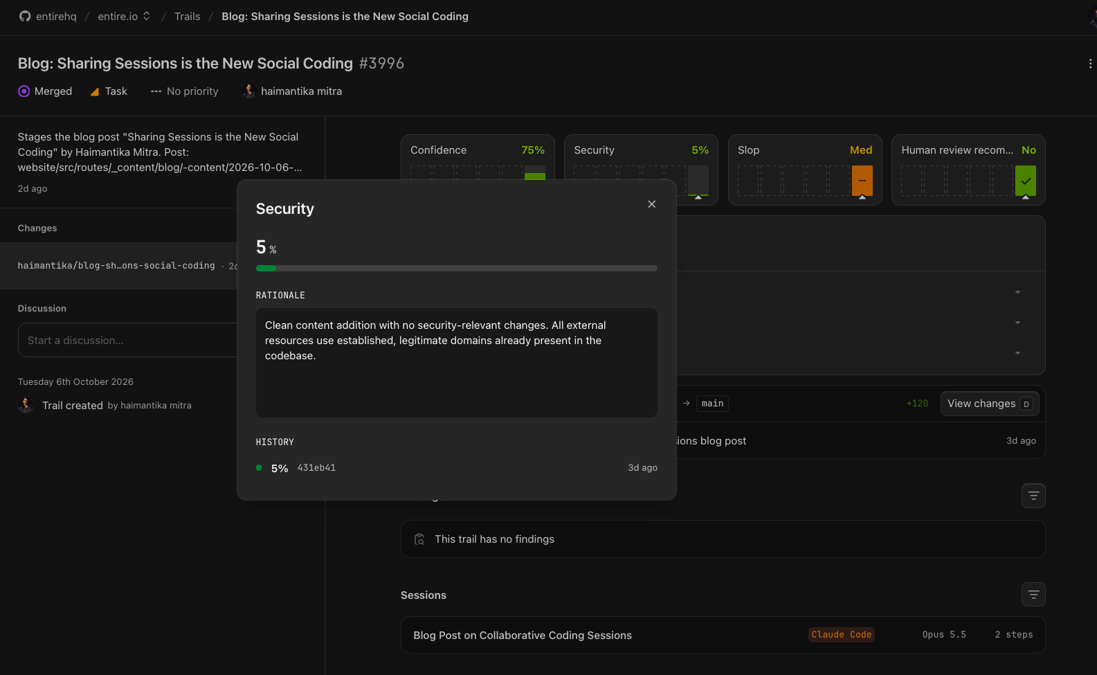 Security score dialog showing a score of 5 percent, supporting rationale, and evaluation history