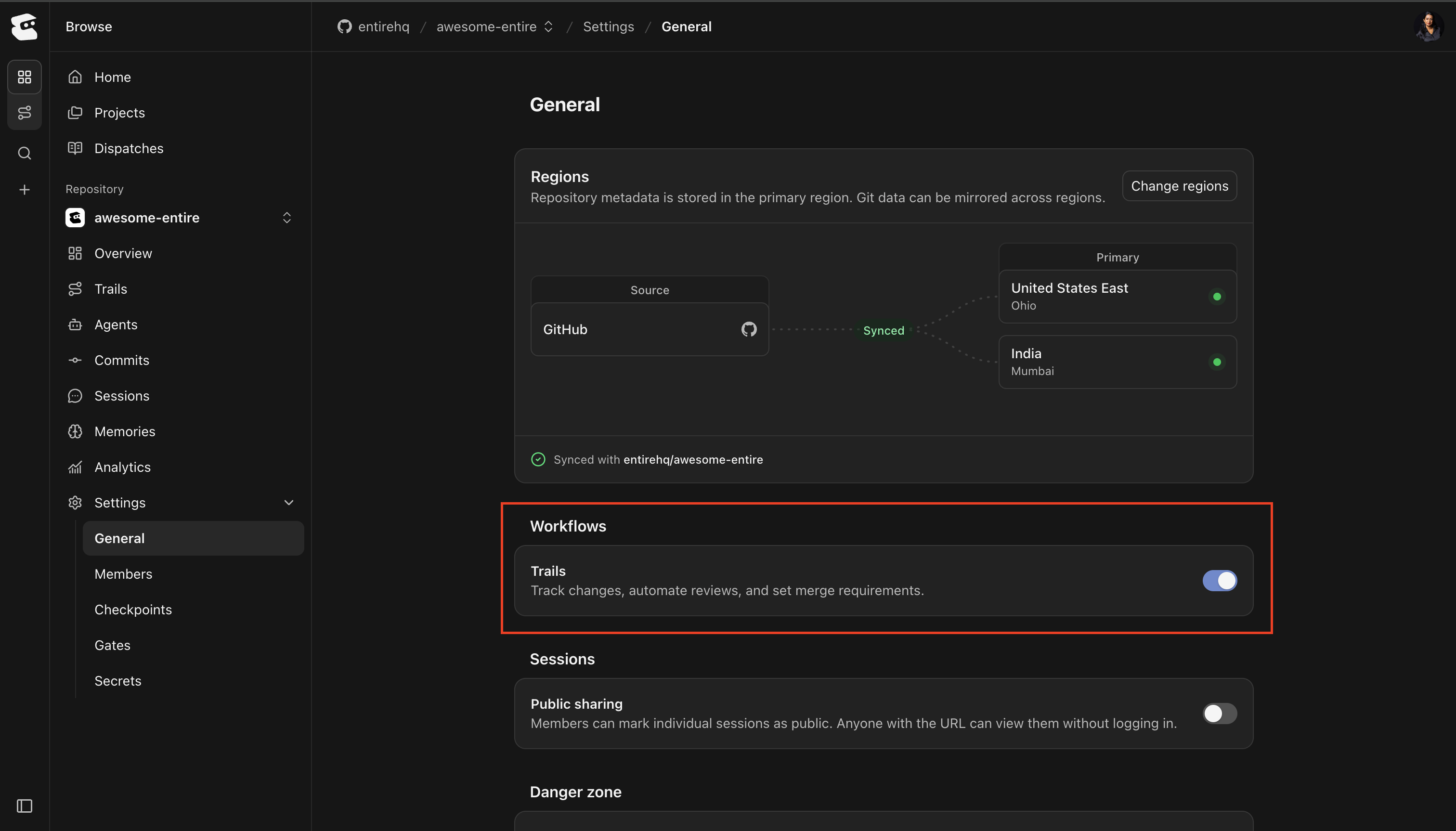 Repository General settings showing the Trails workflow enabled
