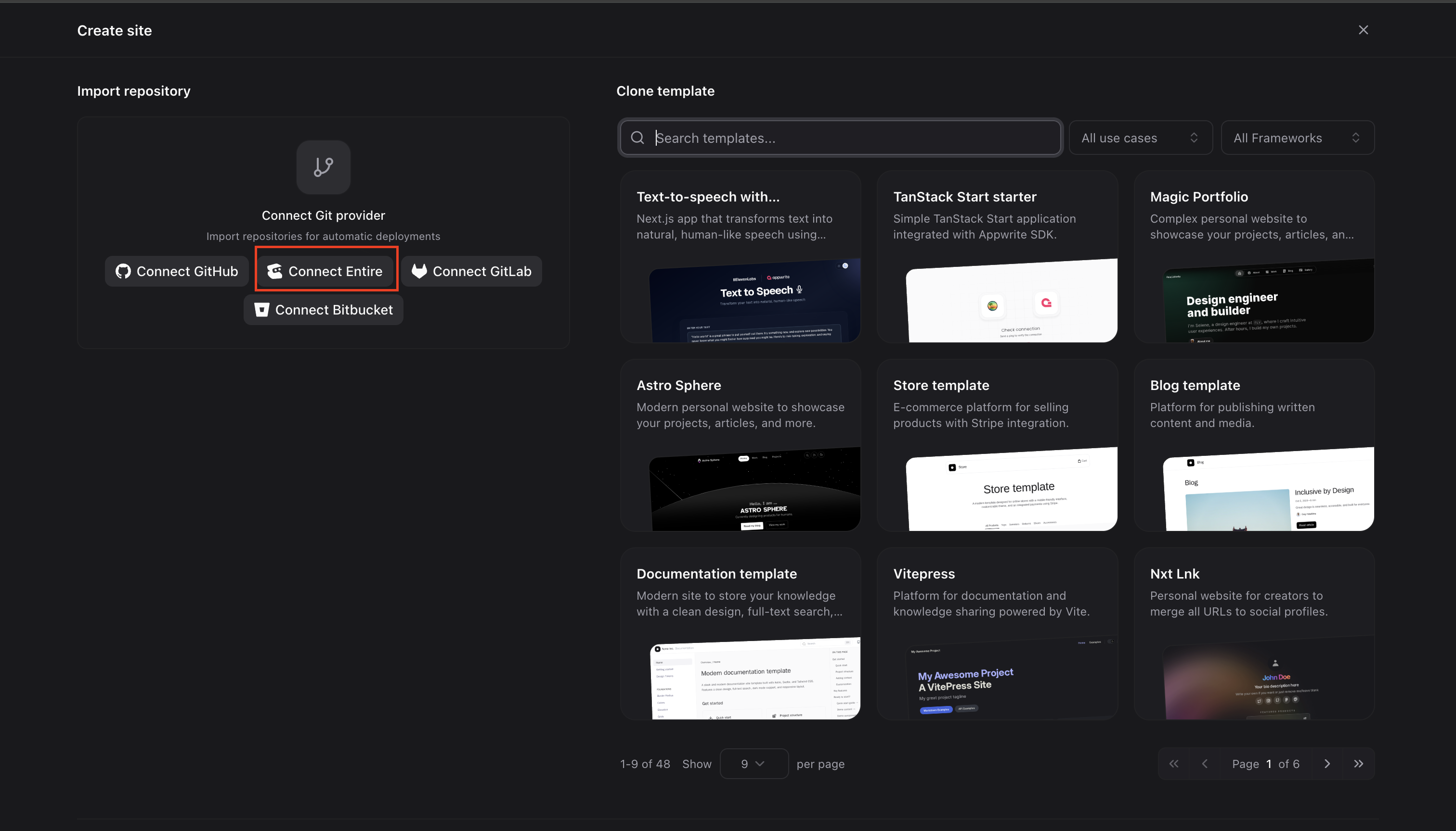 Appwrite Create site flow with Connect Entire highlighted under Import repository