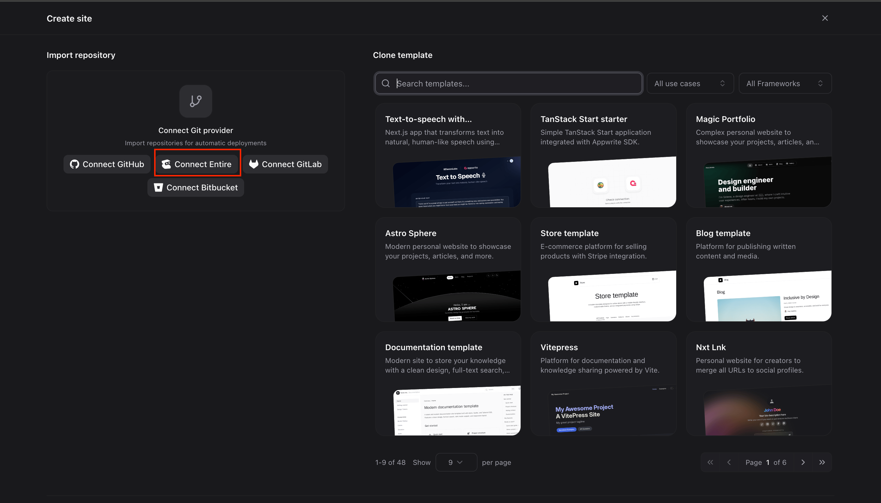Appwrite Create site flow with Connect Entire highlighted under Import repository